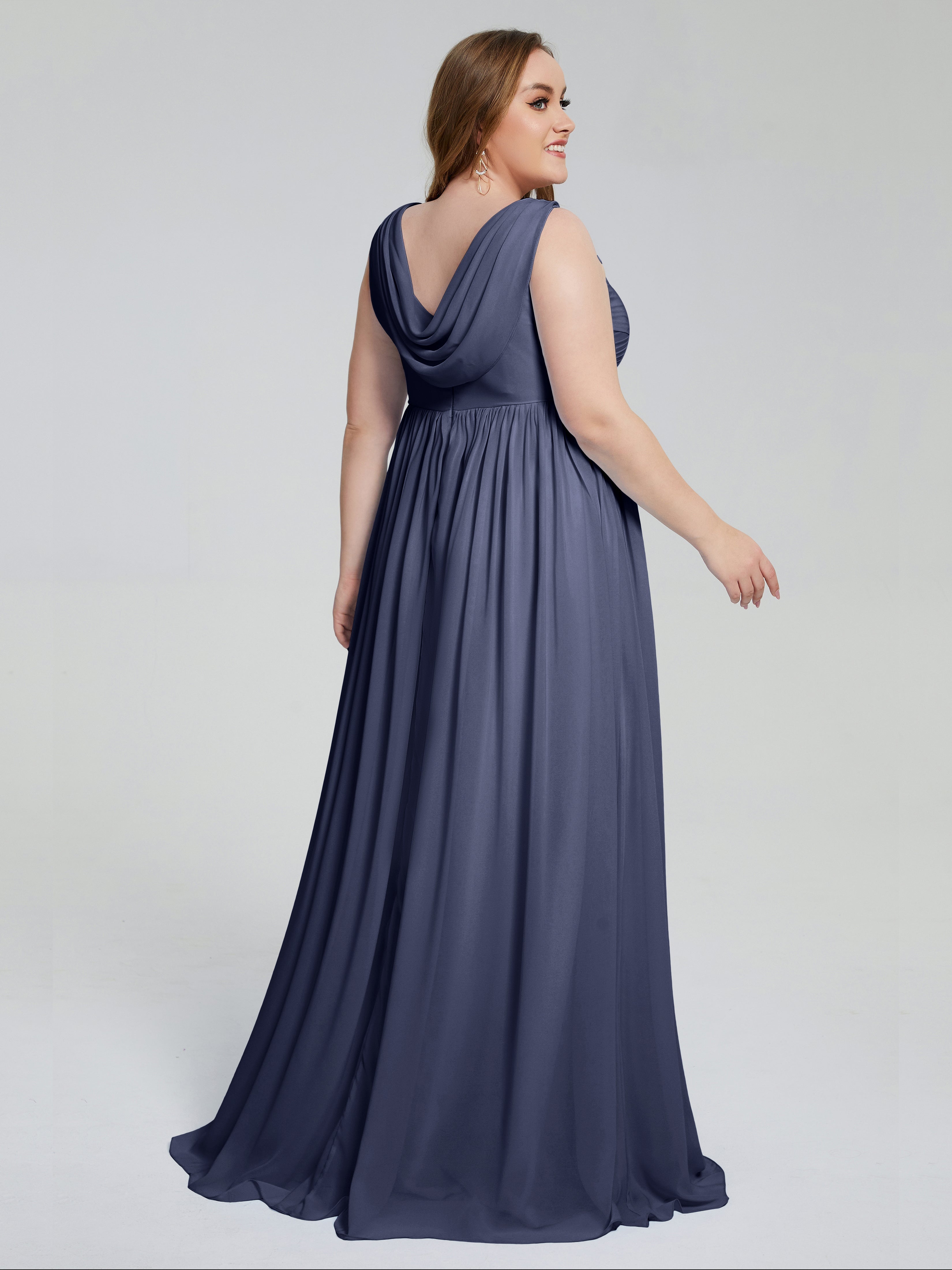 Robes De Demoiselle D'Honneur Bleu Orageux Bretelles Col V Mousseline Robes Demoiselle D'Honneur Grande Taille