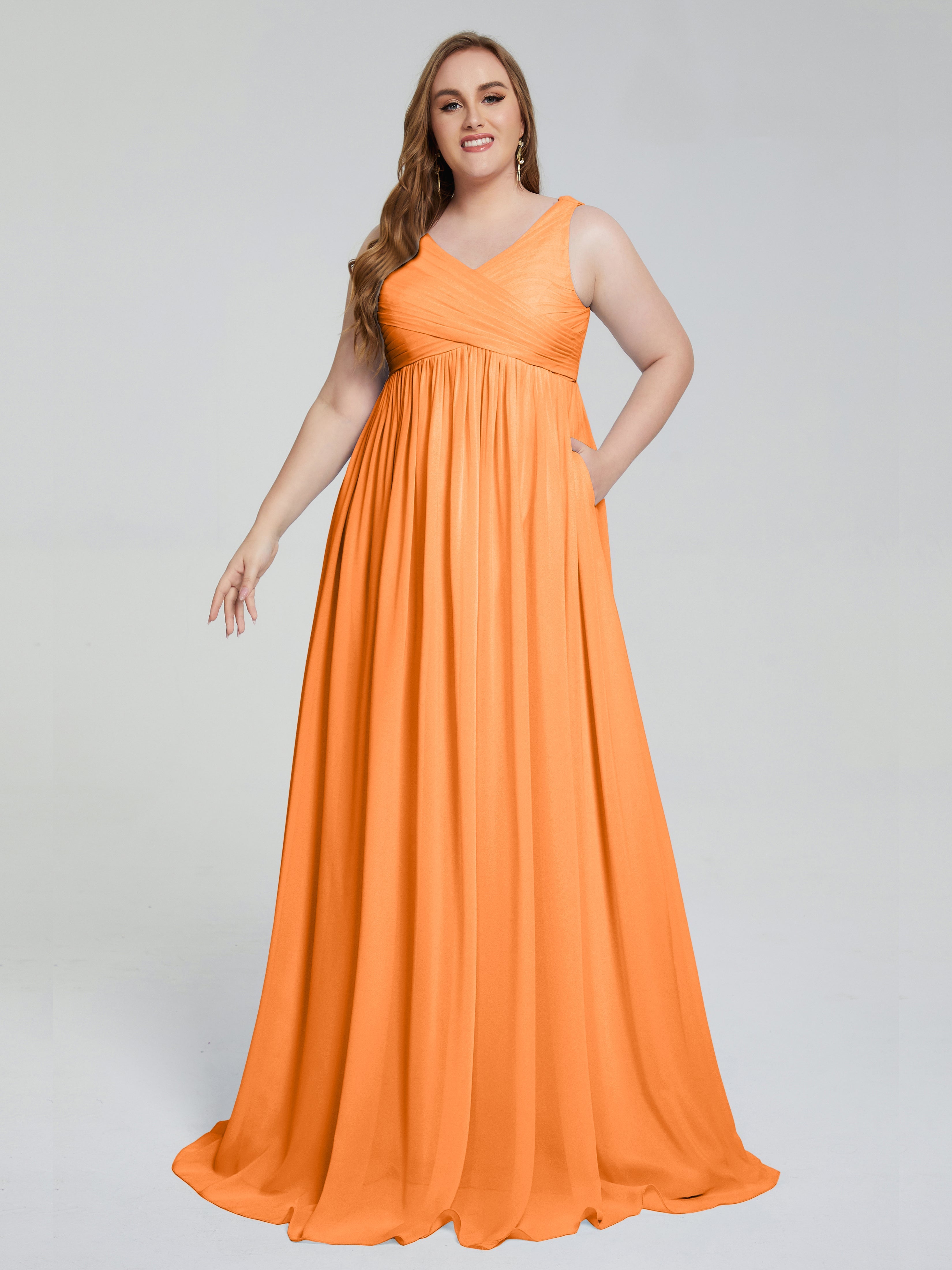 Robe Demoiselle D Honneur Orange Bretelles Col V Mousseline Robes Demoiselle D'Honneur Grande Taille