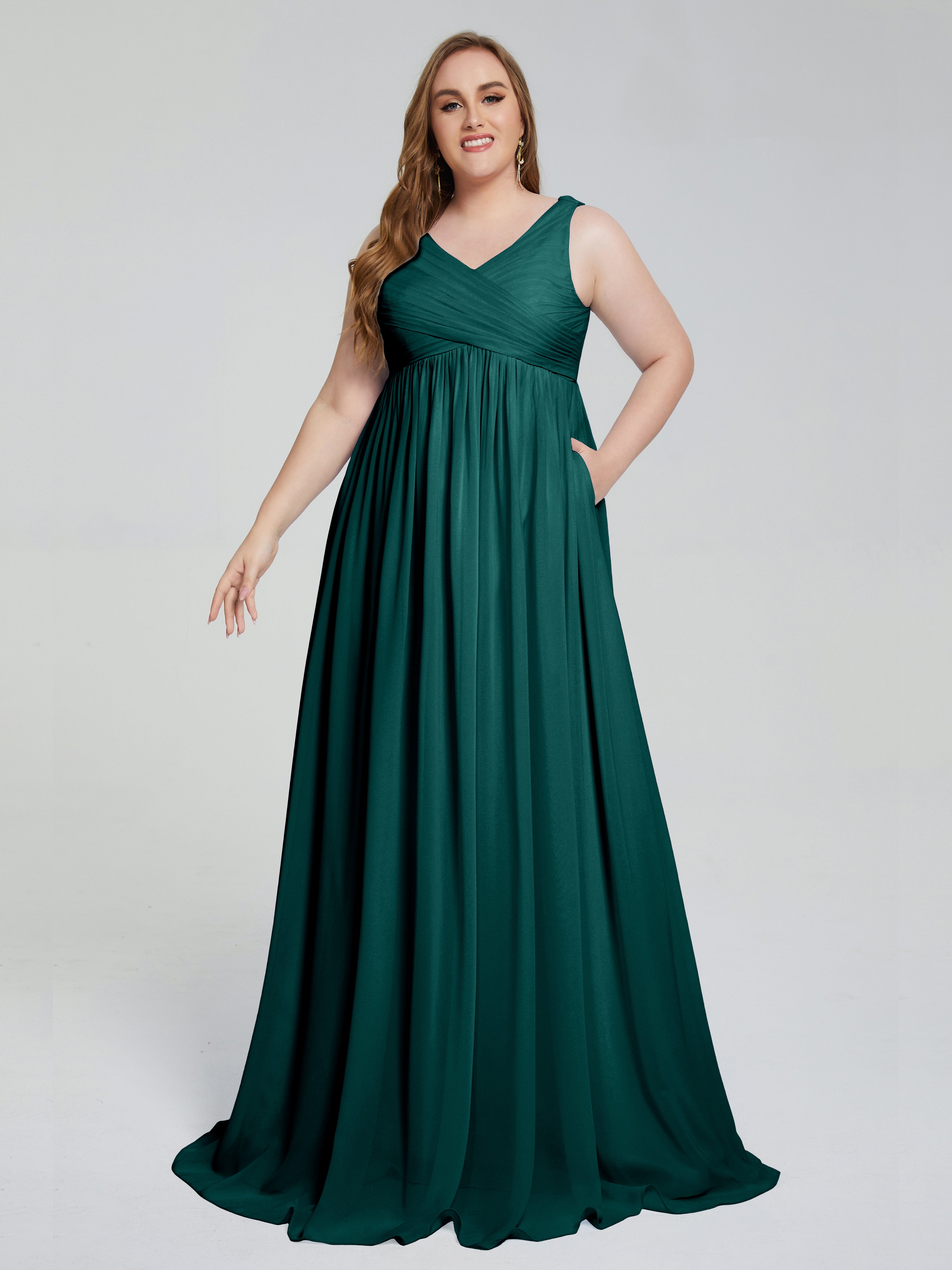 Robe De Demoiselle D'Honneur De Paon Au Sol Bretelles Col V Mousseline Robes Demoiselle D'Honneur Grande Taille