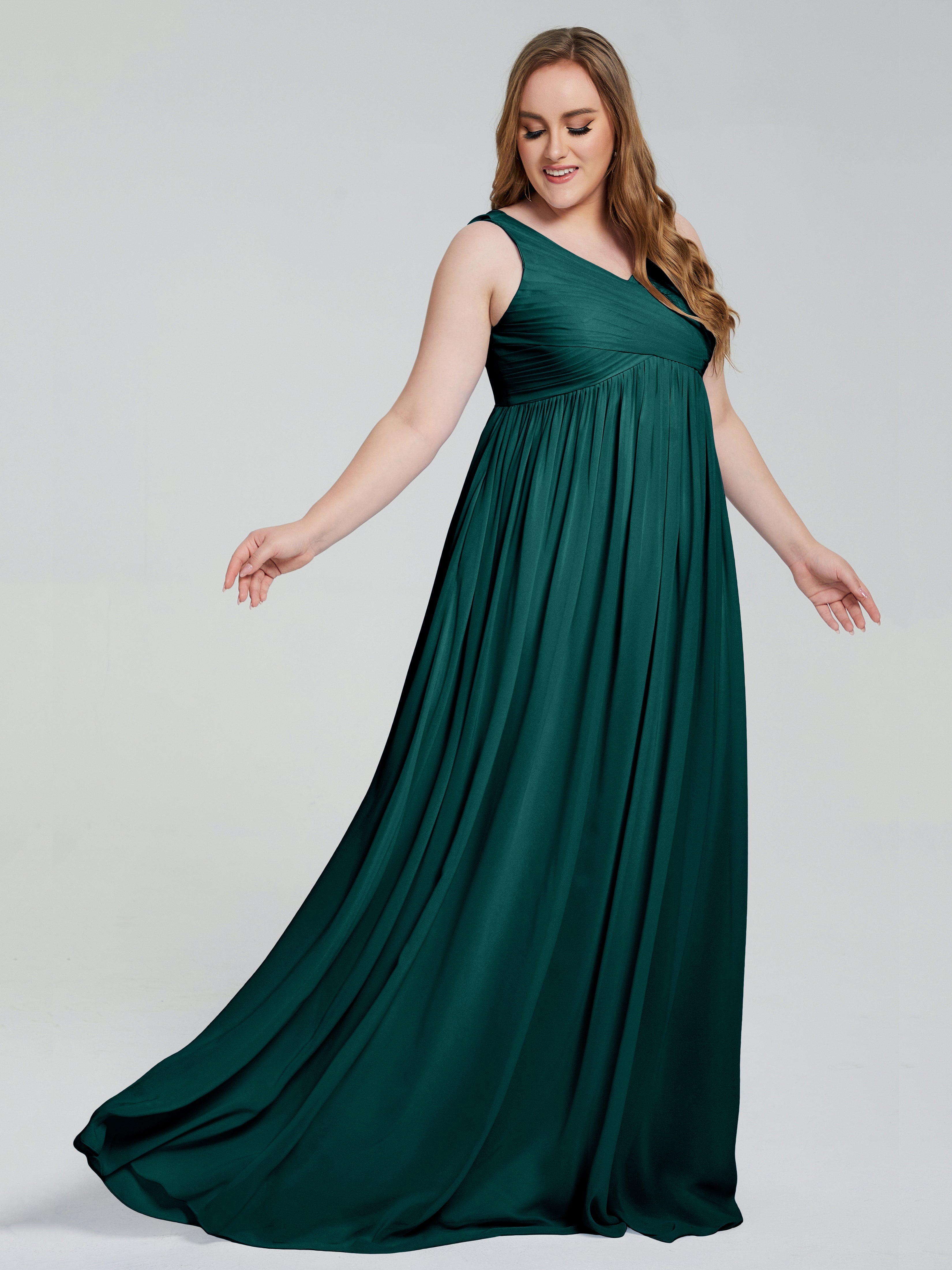 Robe De Demoiselle D'Honneur De Paon Au Sol Bretelles Col V Mousseline Robes Demoiselle D'Honneur Grande Taille