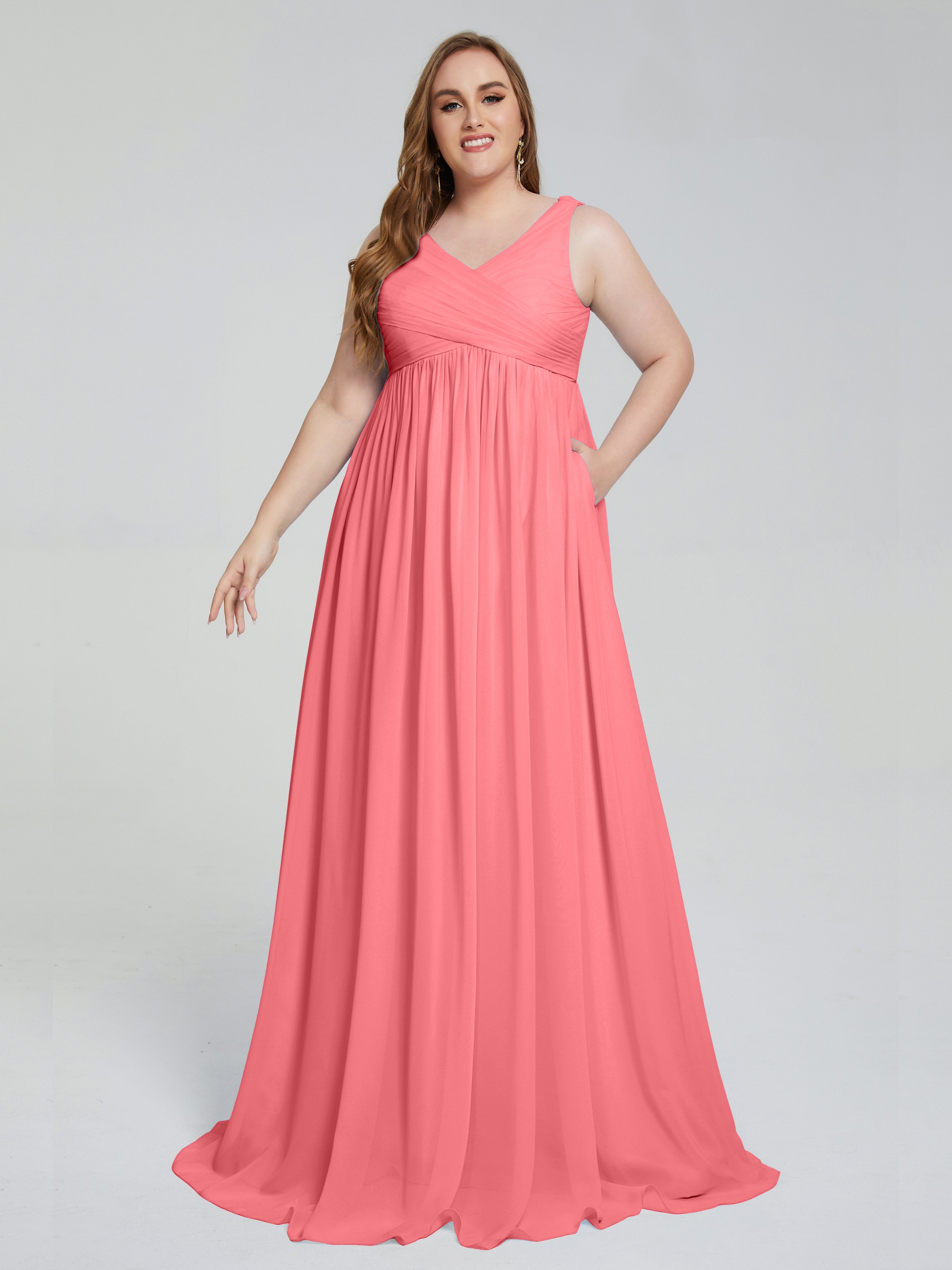 Robes De Demoiselle D'Honneur Pastèque Bretelles Col V Mousseline Robes Demoiselle D'Honneur Grande Taille