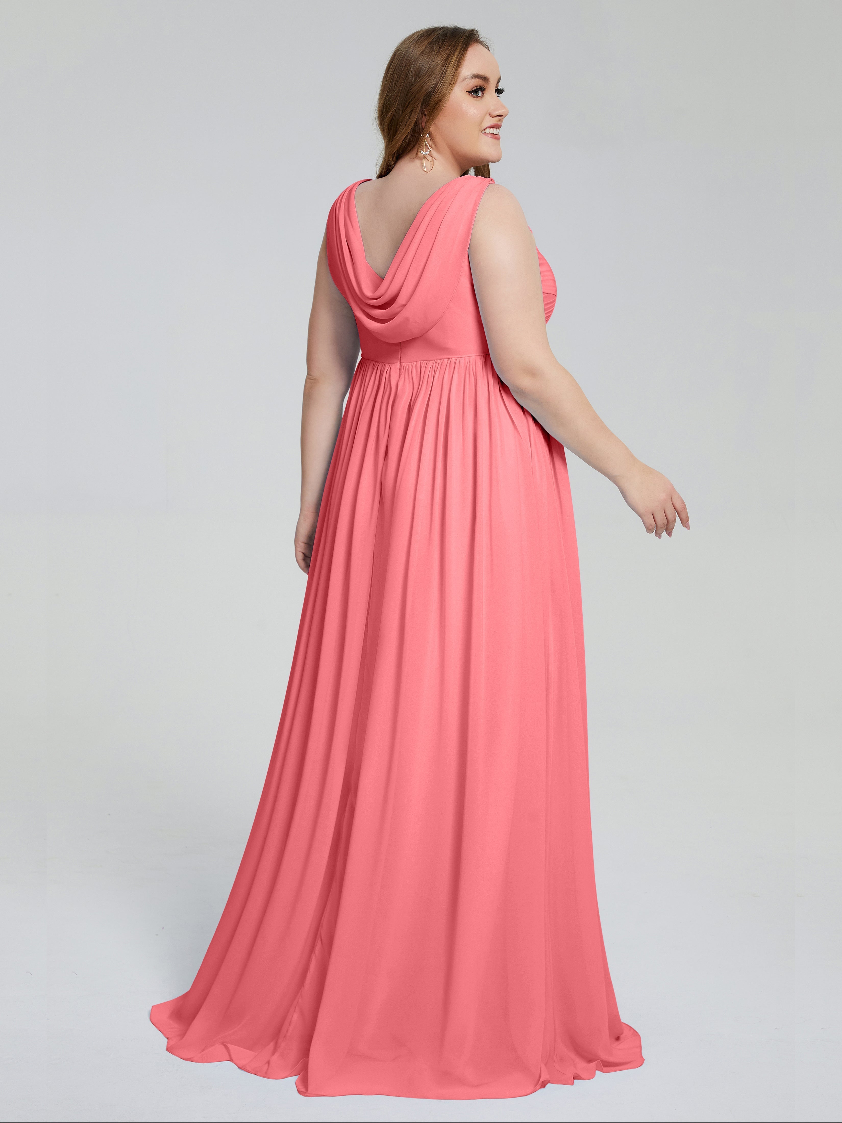 Robes De Demoiselle D'Honneur Pastèque Bretelles Col V Mousseline Robes Demoiselle D'Honneur Grande Taille