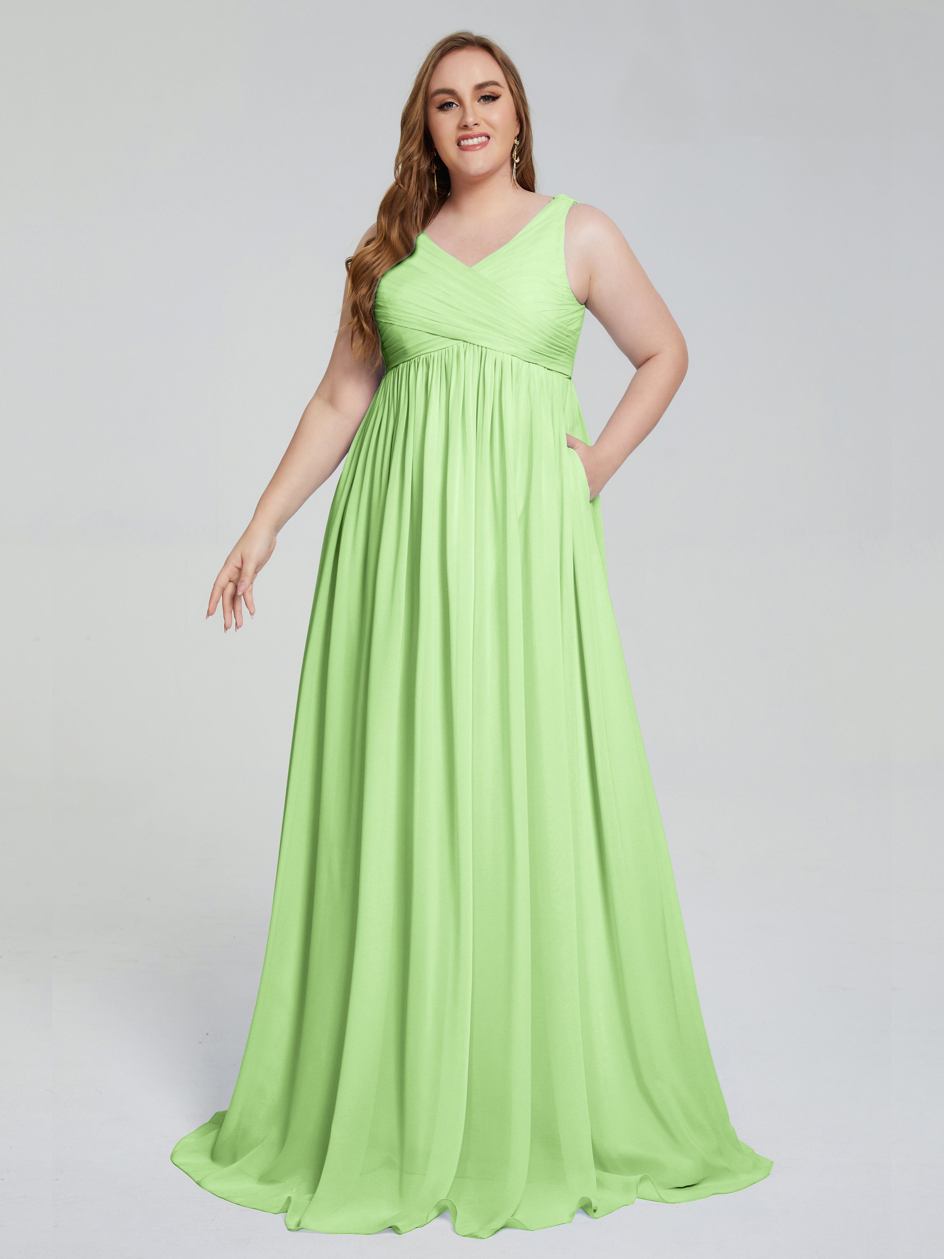 Demoiselle D Honneur Vert Sauge Bretelles Col V Mousseline Robes Demoiselle D'Honneur Grande Taille