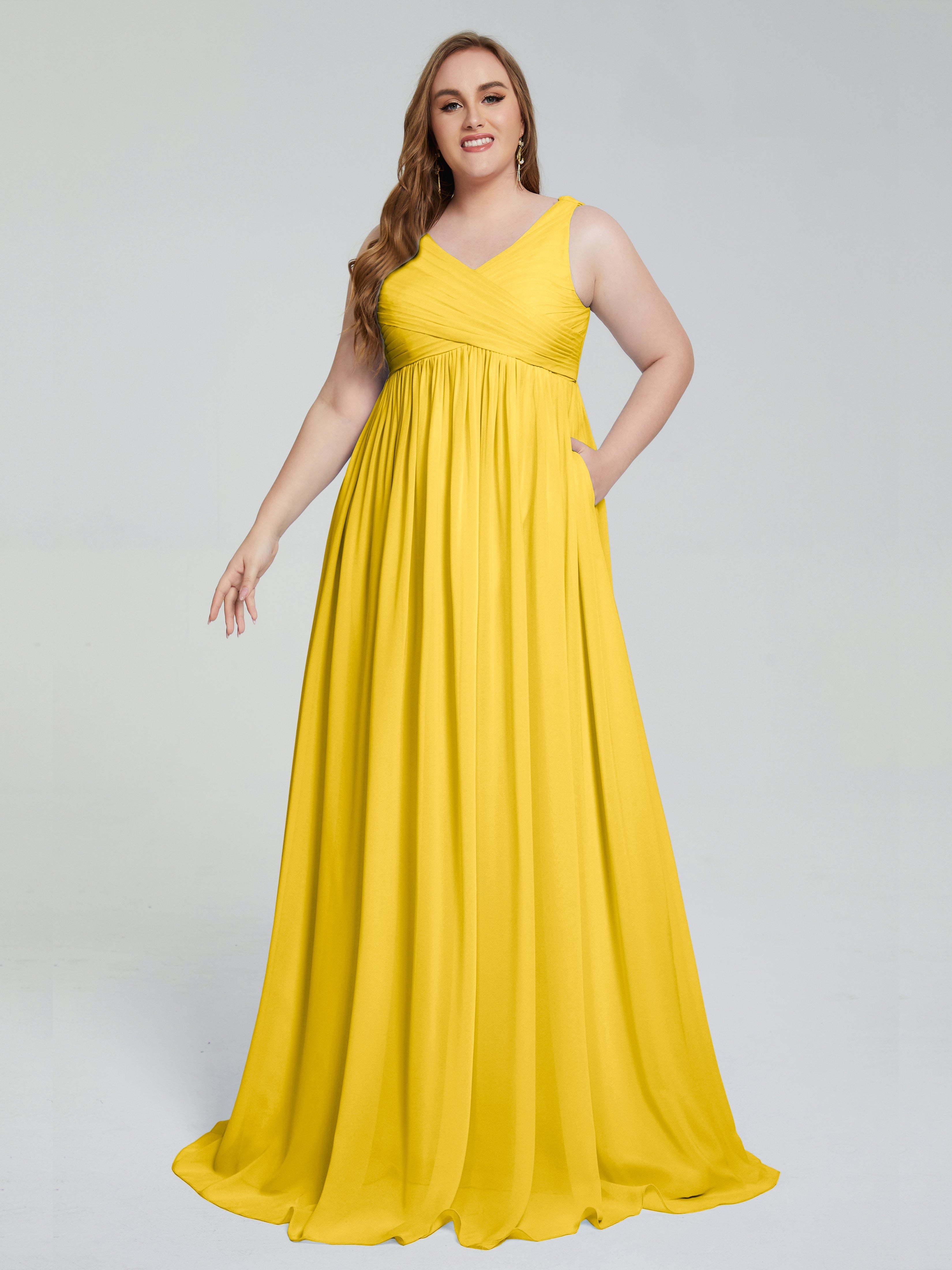 Robe De Demoiselle D'Honneur Souci Bretelles Col V Mousseline Robes Demoiselle D'Honneur Grande Taille