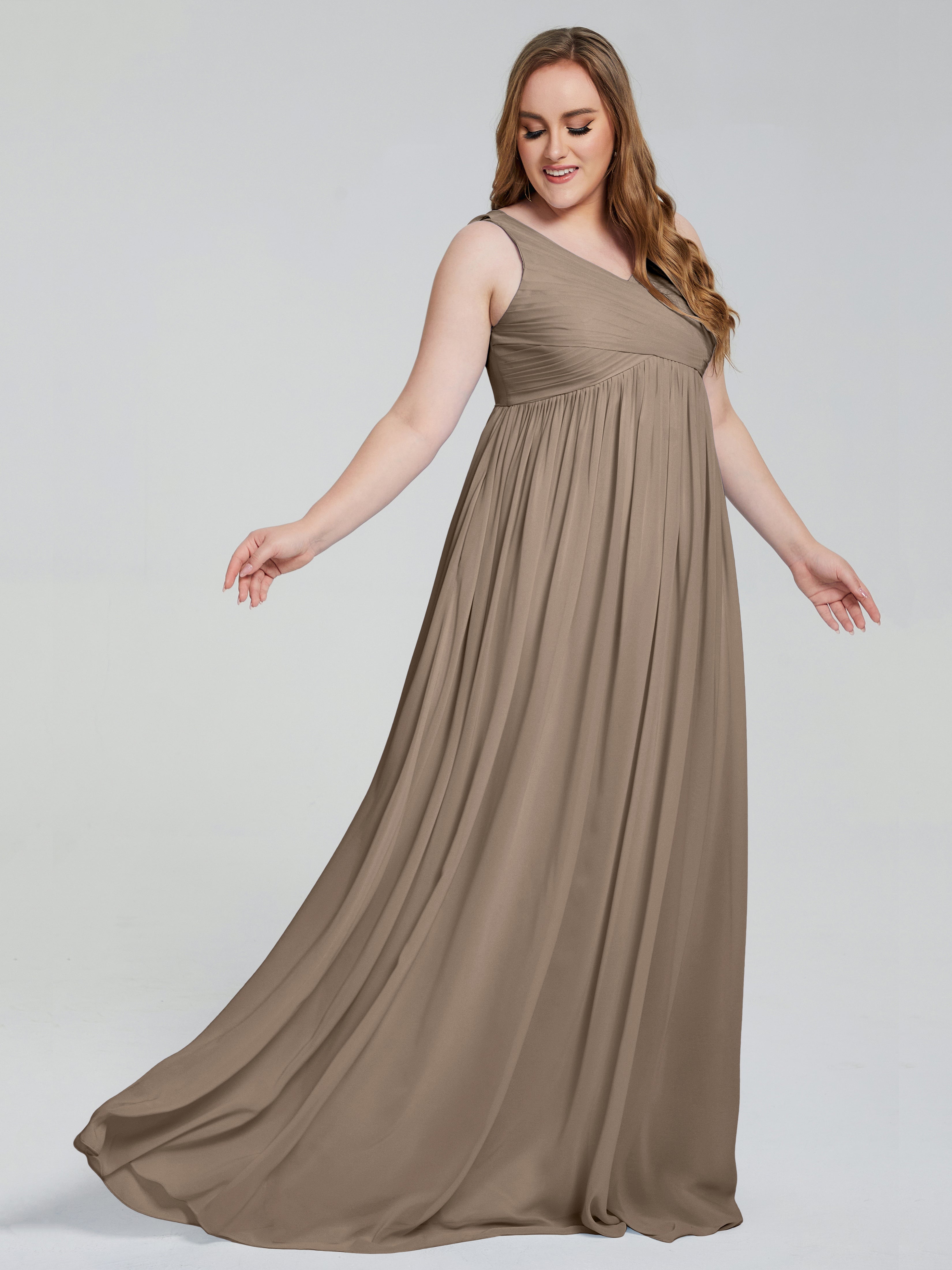 Couleur Taupe Robe Bretelles Col V Mousseline Robes Demoiselle D'Honneur Grande Taille