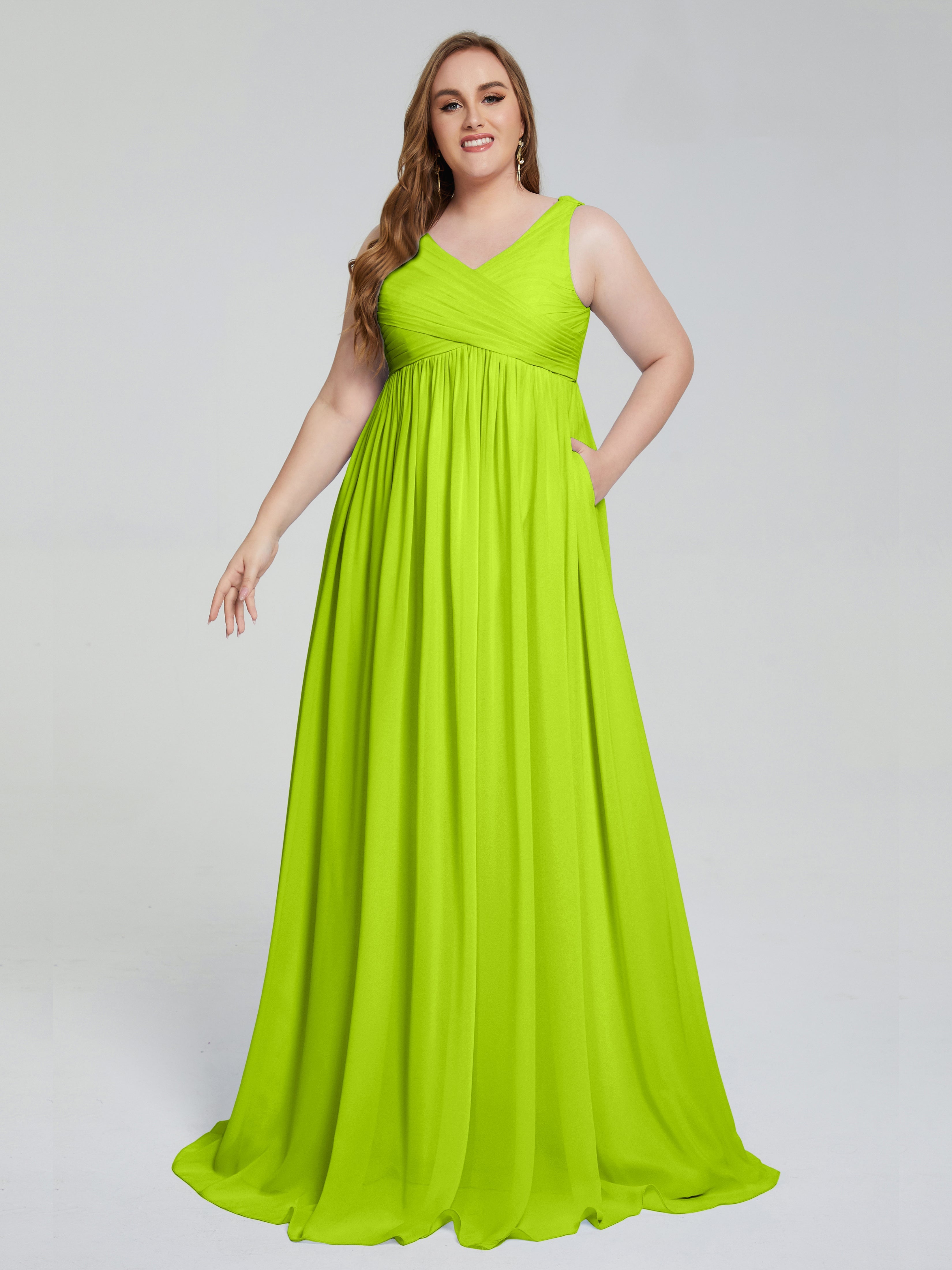 Robes De Demoiselle D'Honneur Vert Citron Bretelles Col V Mousseline Robes Demoiselle D'Honneur Grande Taille