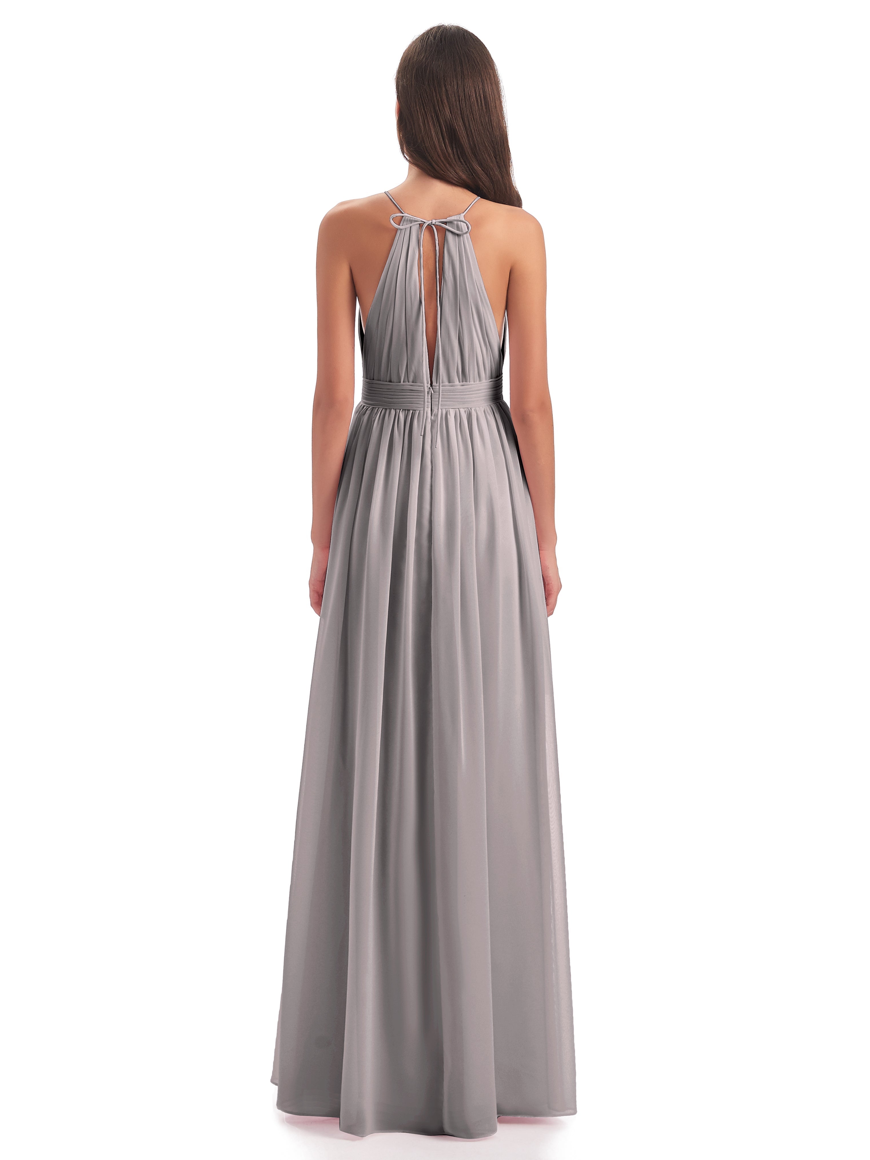 Robes De Demoiselle D'Honneur En Argent Fendue Devant Licou Mousseline Robes Demoiselle D'Honneur