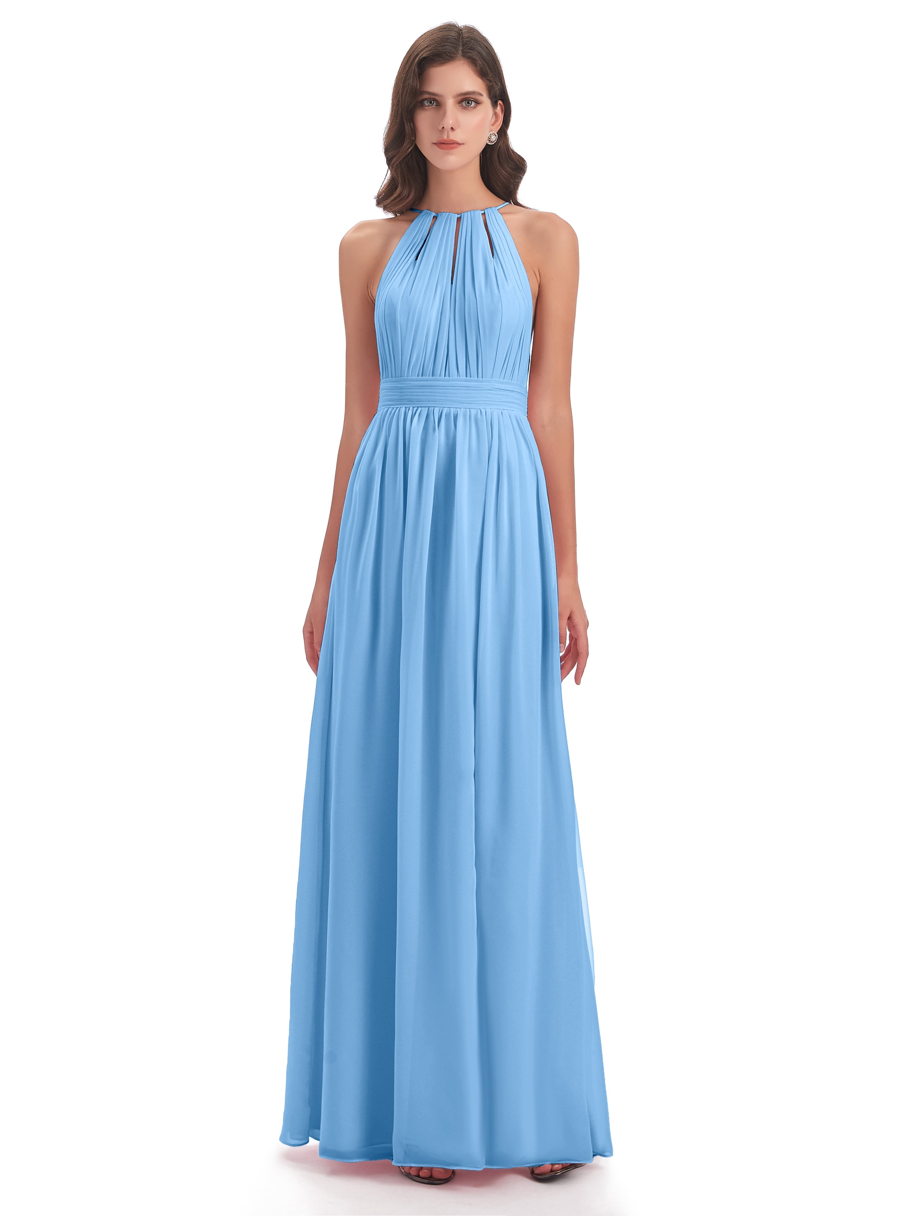 Robe Demoiselle D Honneur Bleu Fendue Devant Licou Mousseline Robes Demoiselle D'Honneur