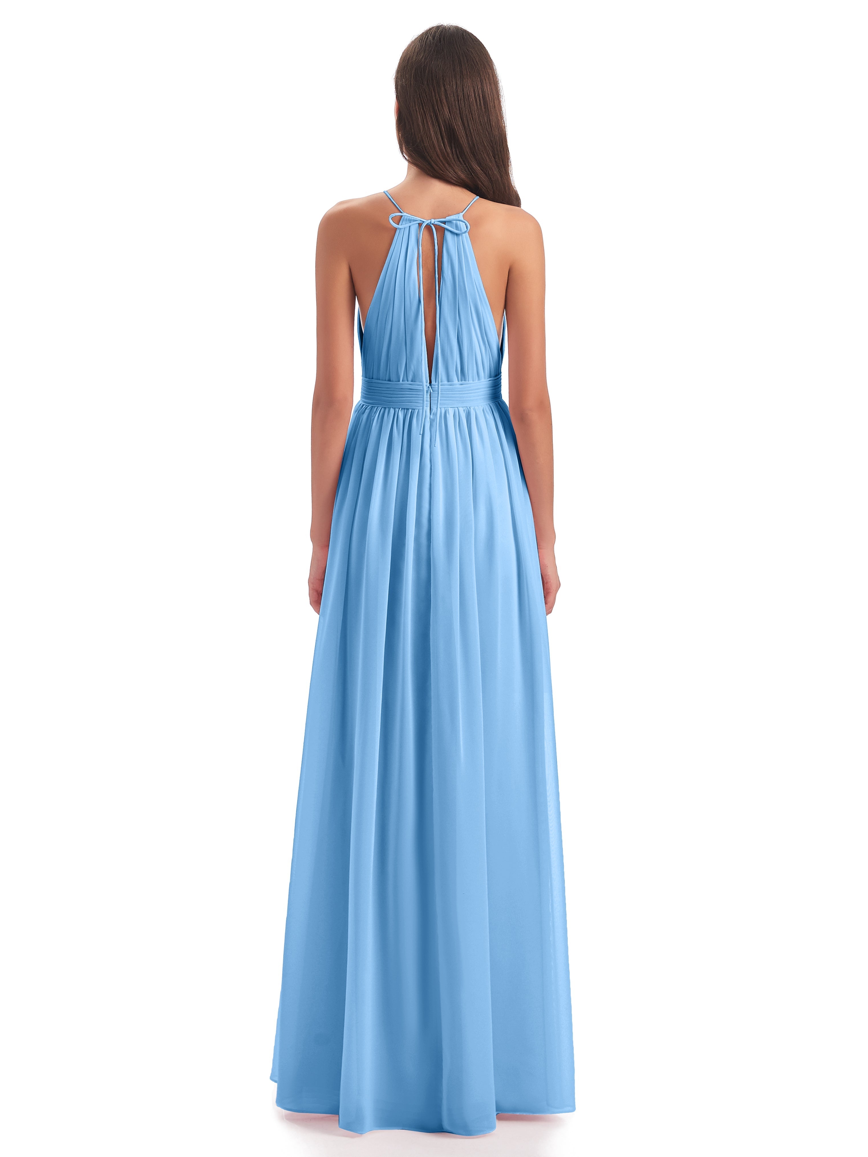 Robe Demoiselle D Honneur Bleu Fendue Devant Licou Mousseline Robes Demoiselle D'Honneur