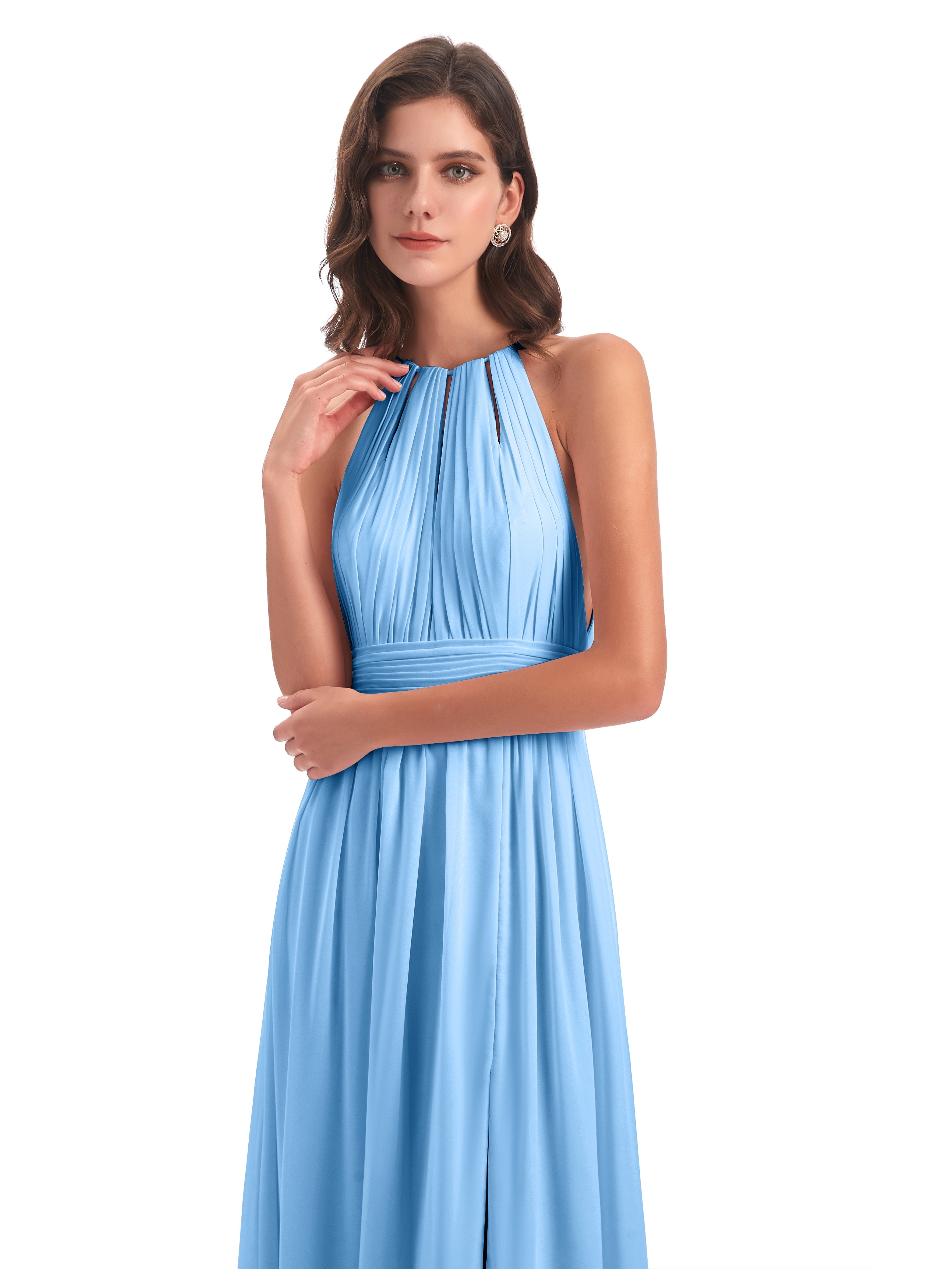 Robe Demoiselle D Honneur Bleu Fendue Devant Licou Mousseline Robes Demoiselle D'Honneur