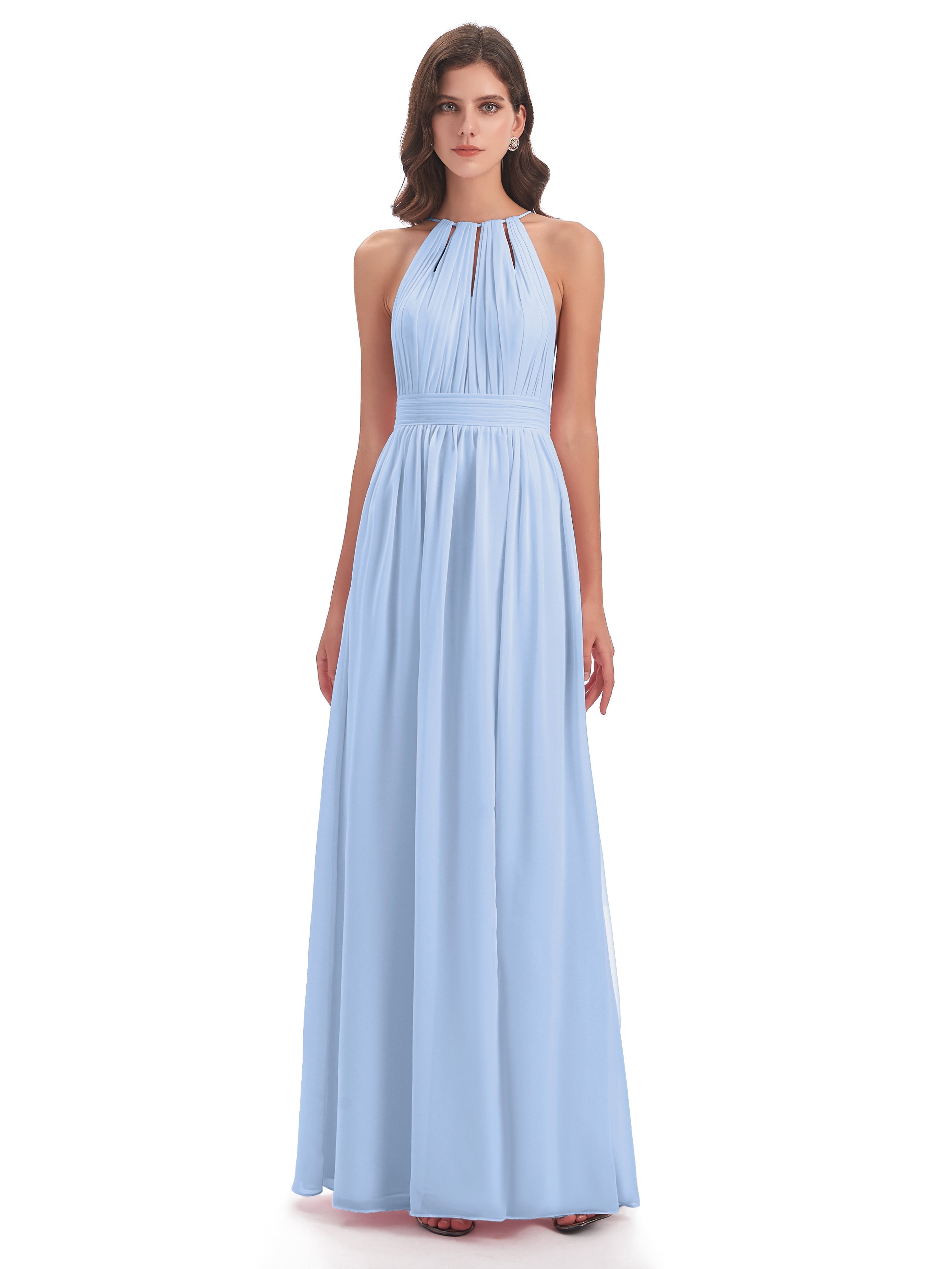 Demoiselle D Honneur Bleu Ciel Fendue Devant Licou Mousseline Robes Demoiselle D'Honneur