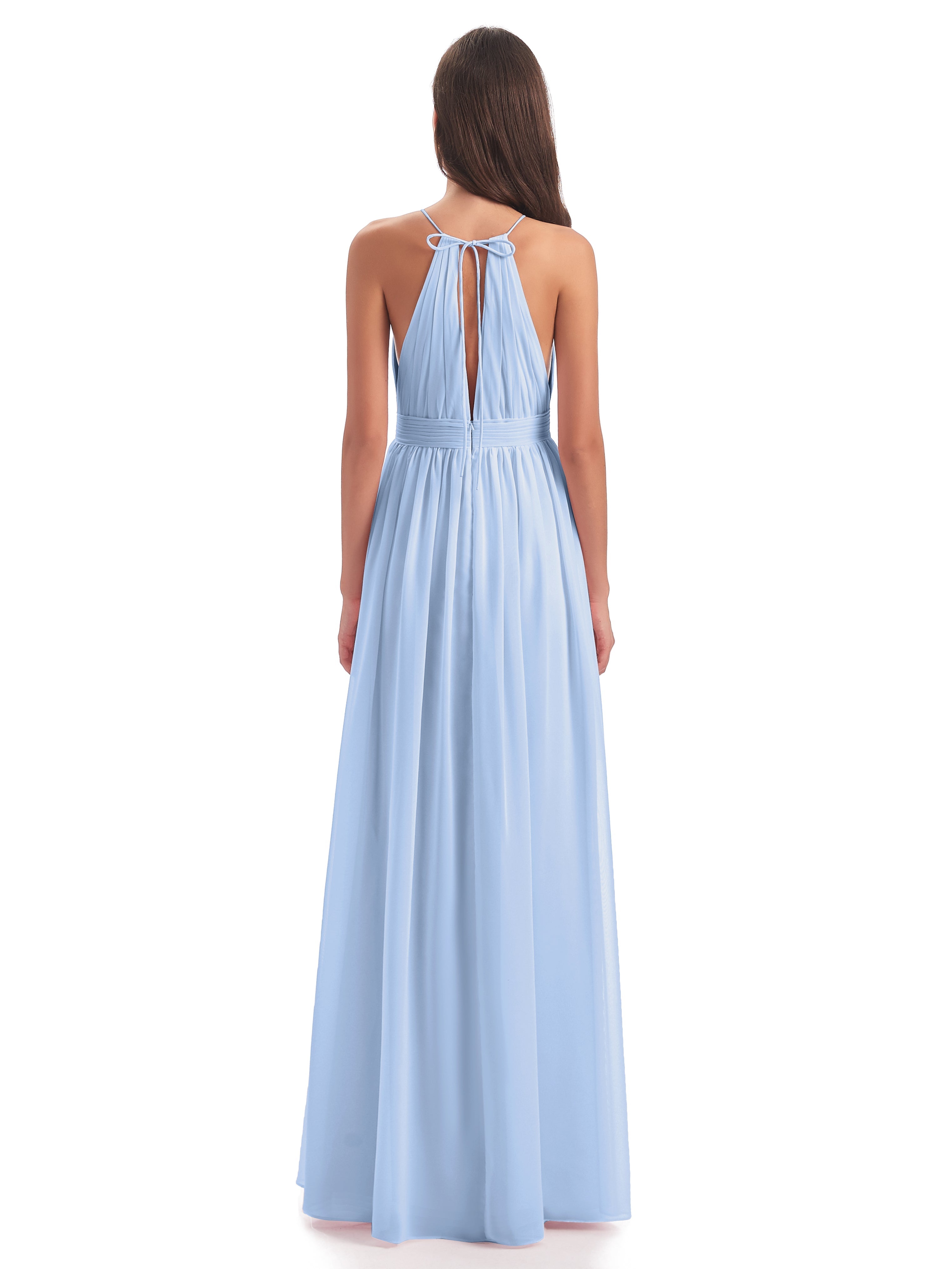 Demoiselle D Honneur Bleu Ciel Fendue Devant Licou Mousseline Robes Demoiselle D'Honneur