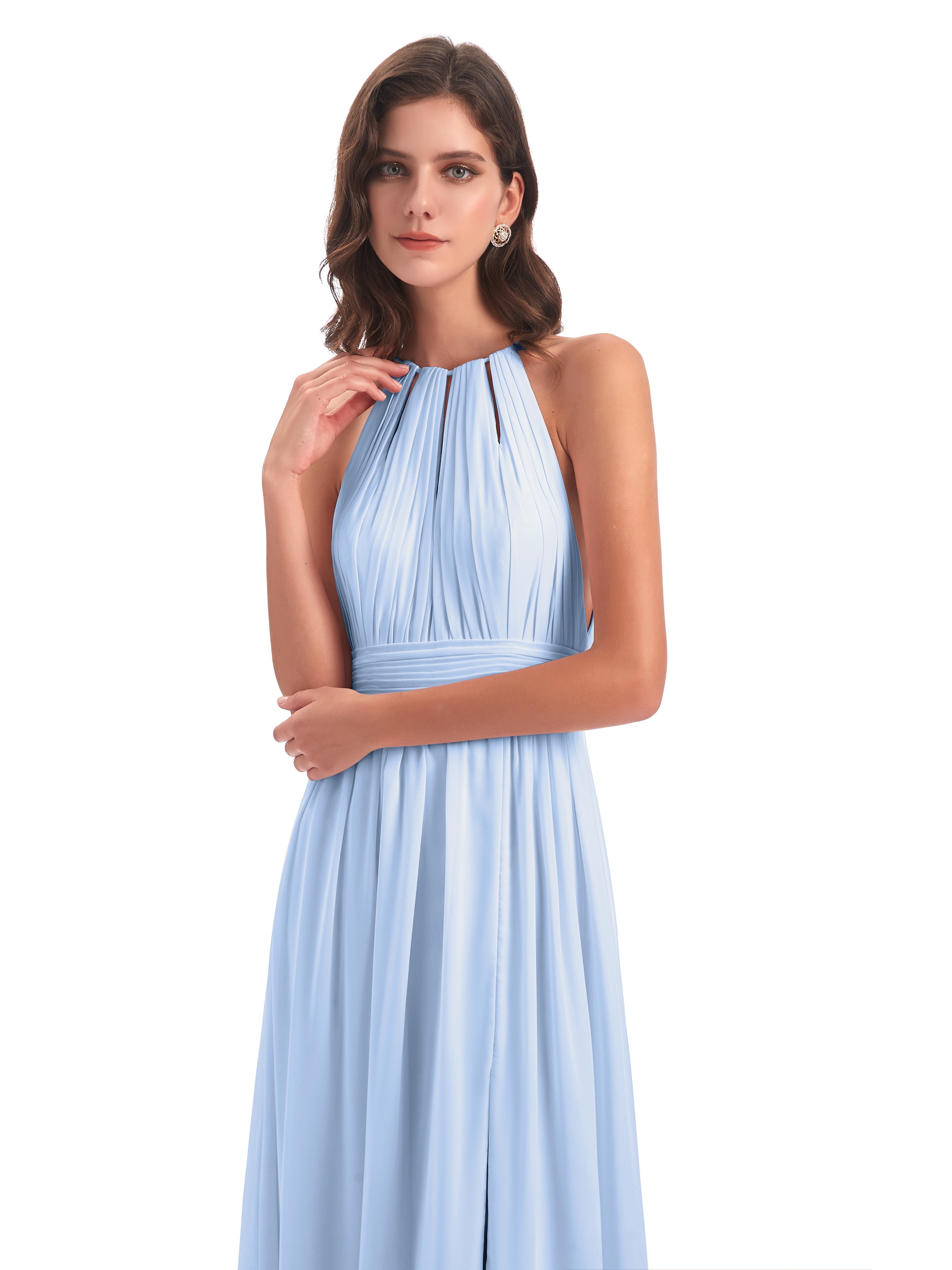 Demoiselle D Honneur Bleu Ciel Fendue Devant Licou Mousseline Robes Demoiselle D'Honneur