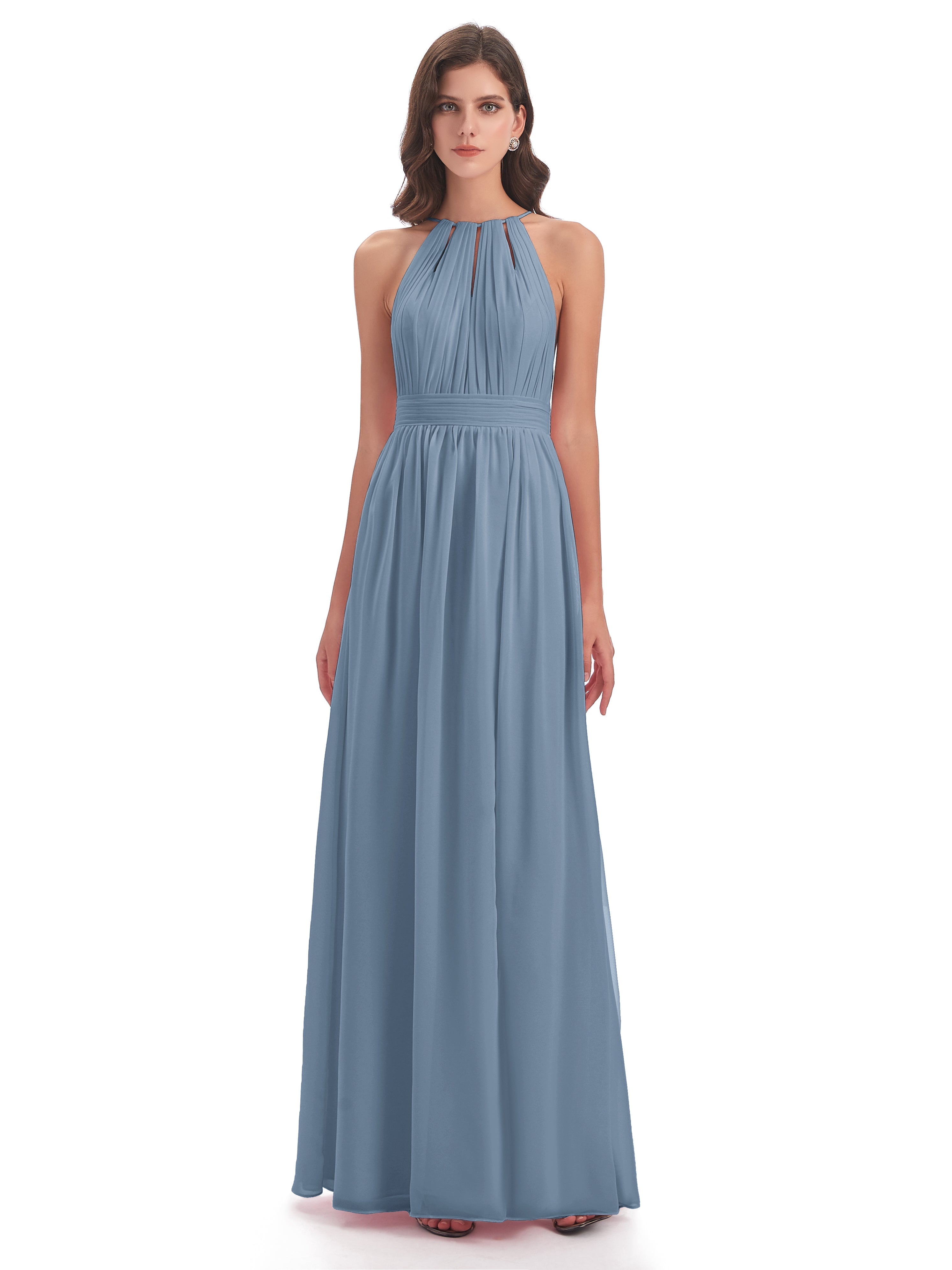 Robes De Demoiselle D'Honneur Bleu De Schiste Fendue Devant Licou Mousseline Robes Demoiselle D'Honneur
