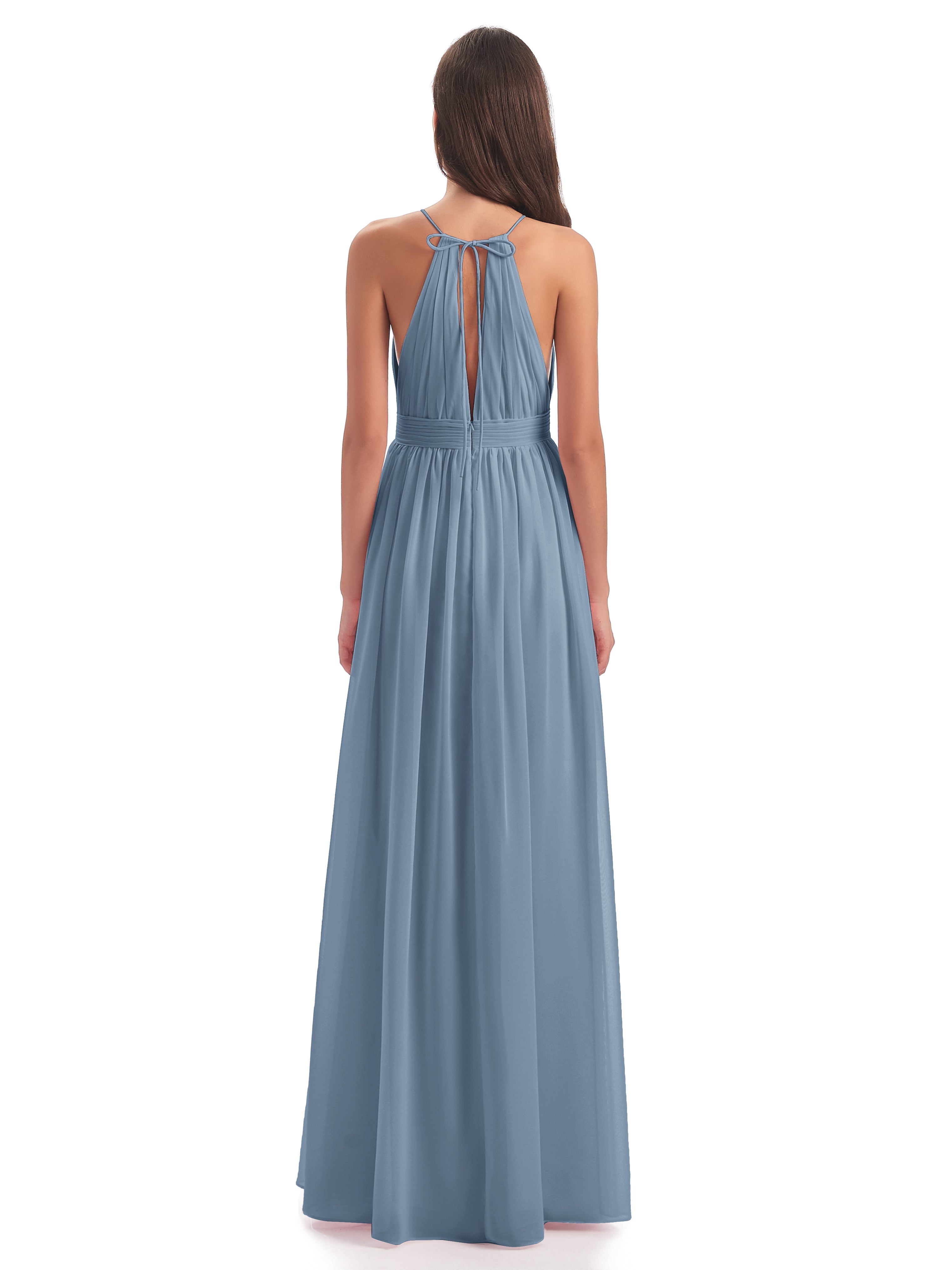 Robes De Demoiselle D'Honneur Bleu De Schiste Fendue Devant Licou Mousseline Robes Demoiselle D'Honneur