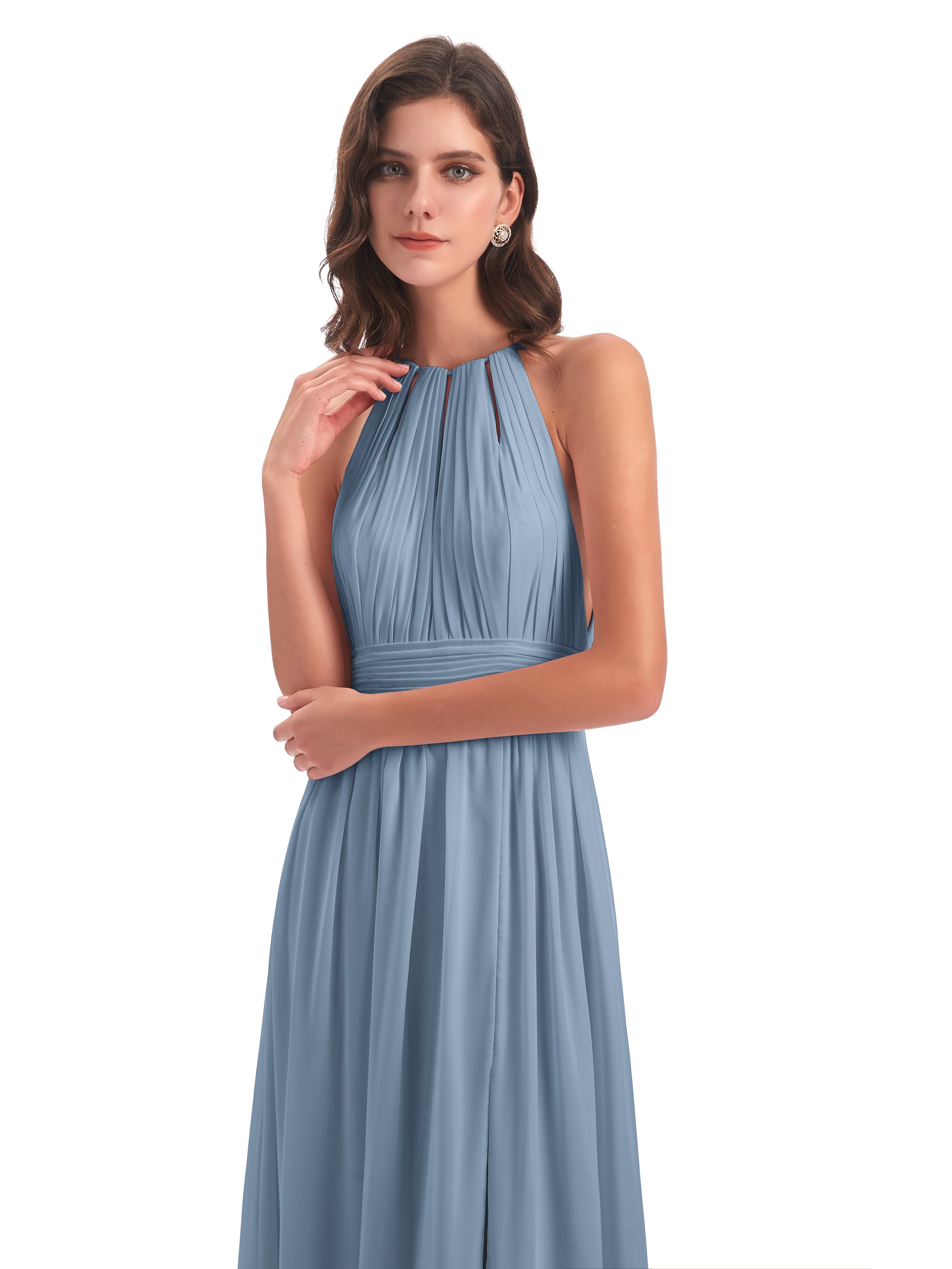 Robes De Demoiselle D'Honneur Bleu De Schiste Fendue Devant Licou Mousseline Robes Demoiselle D'Honneur