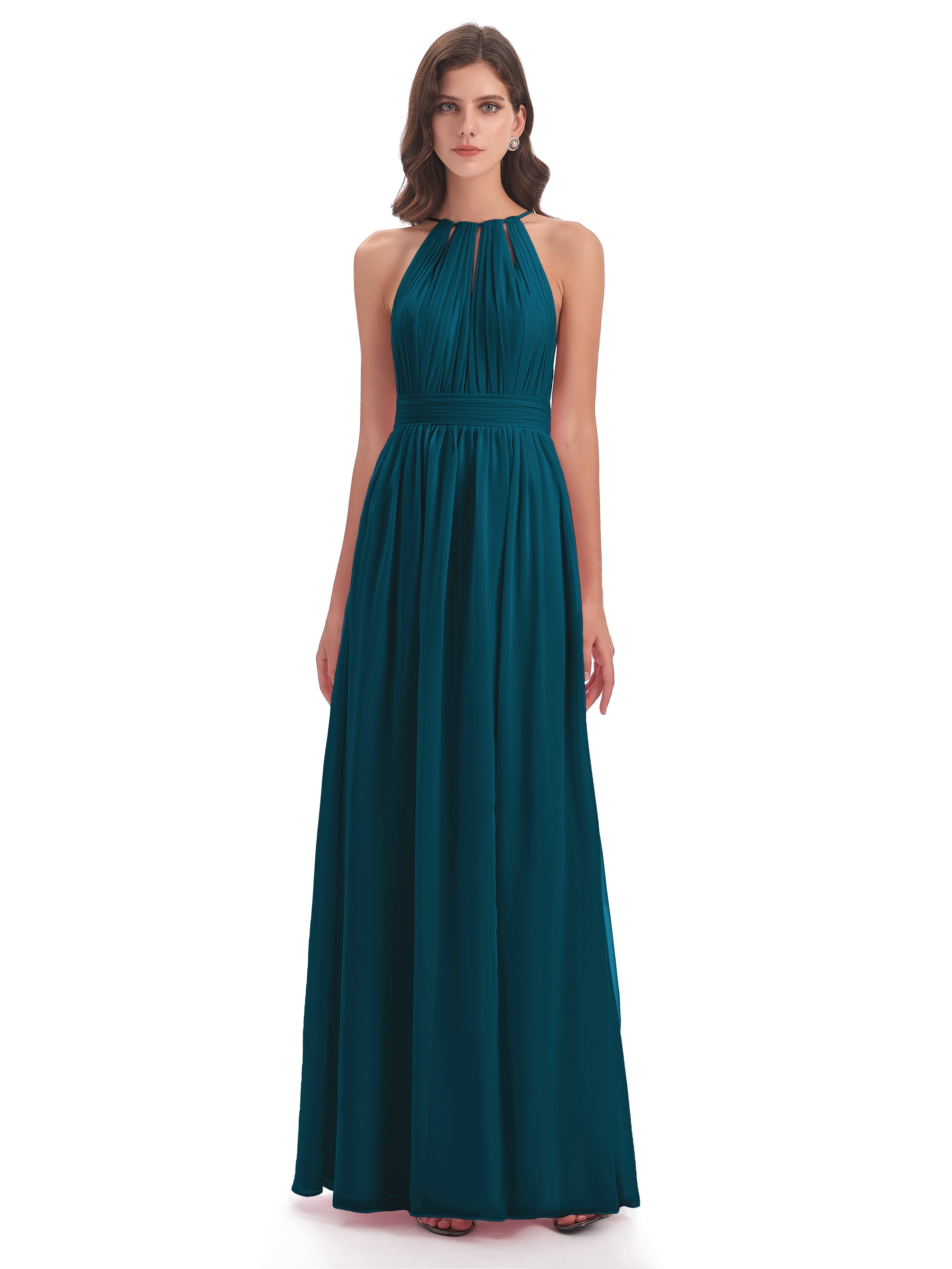Robe De Demoiselle D'Honneur Bleu Encre Fendue Devant Licou Mousseline Robes Demoiselle D'Honneur