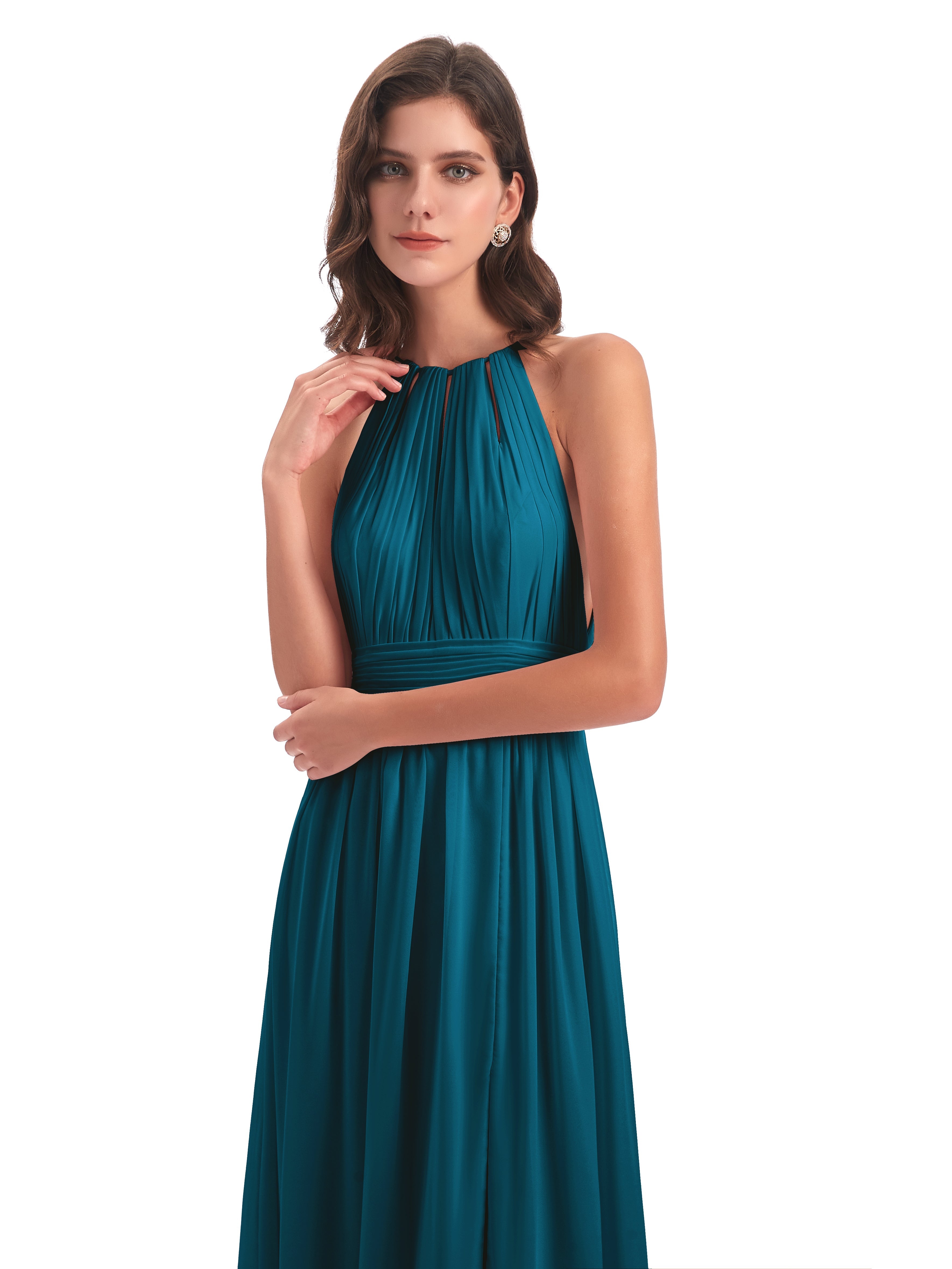 Robe De Demoiselle D'Honneur Bleu Encre Fendue Devant Licou Mousseline Robes Demoiselle D'Honneur