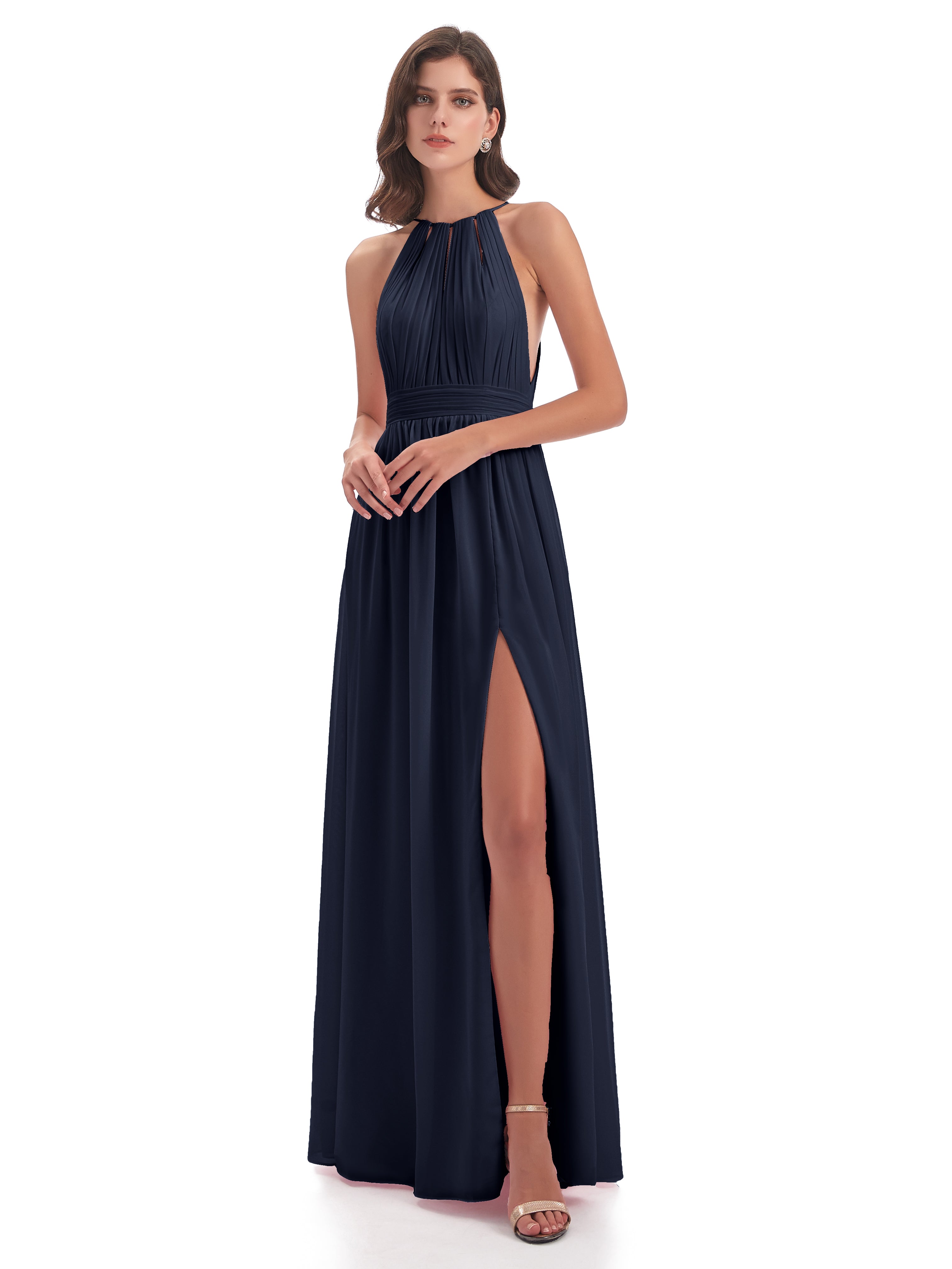 Demoiselle D Honneur Bleu Marine Fendue Devant Licou Mousseline Robes Demoiselle D'Honneur