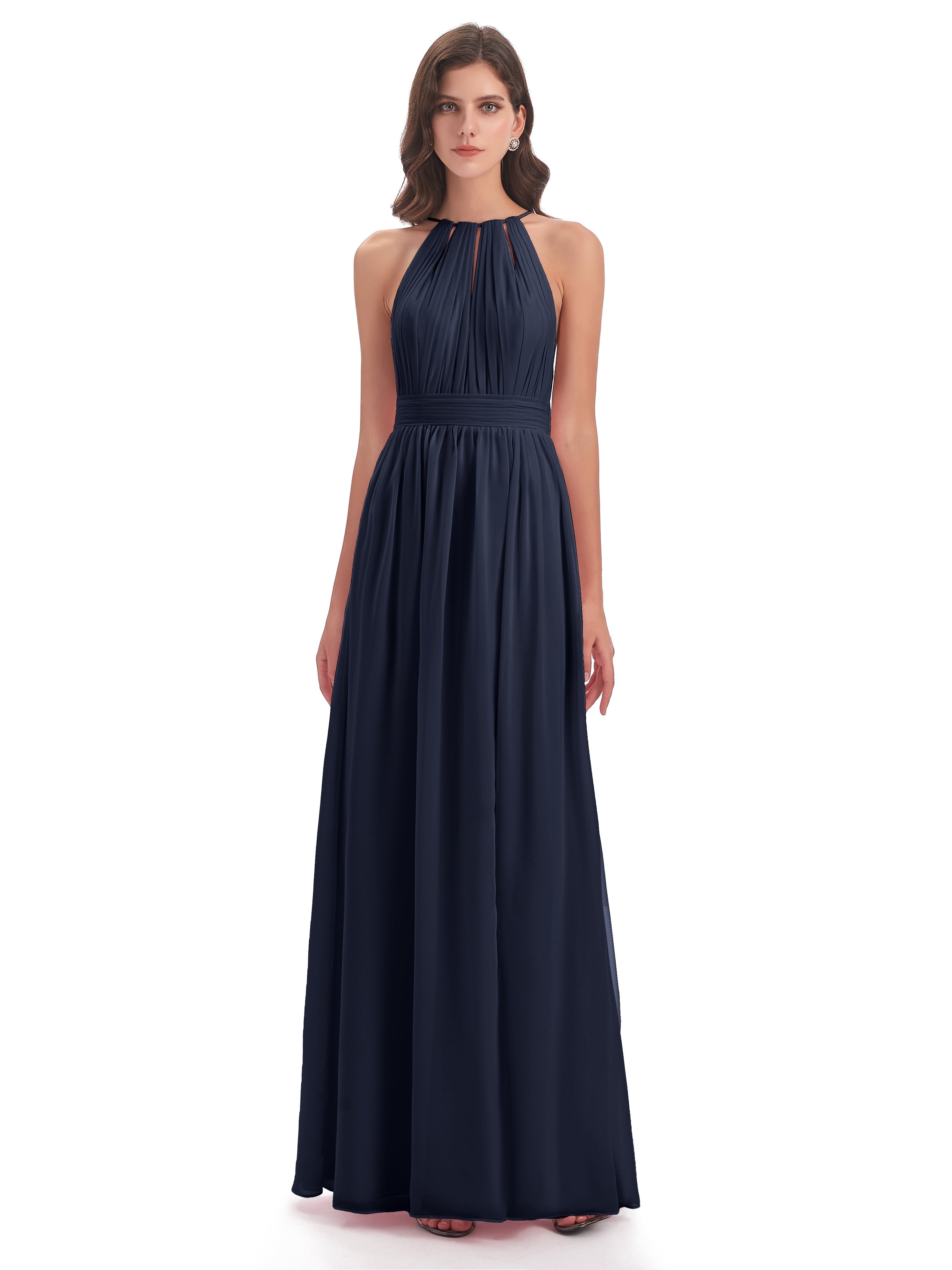 Demoiselle D Honneur Bleu Marine Fendue Devant Licou Mousseline Robes Demoiselle D'Honneur