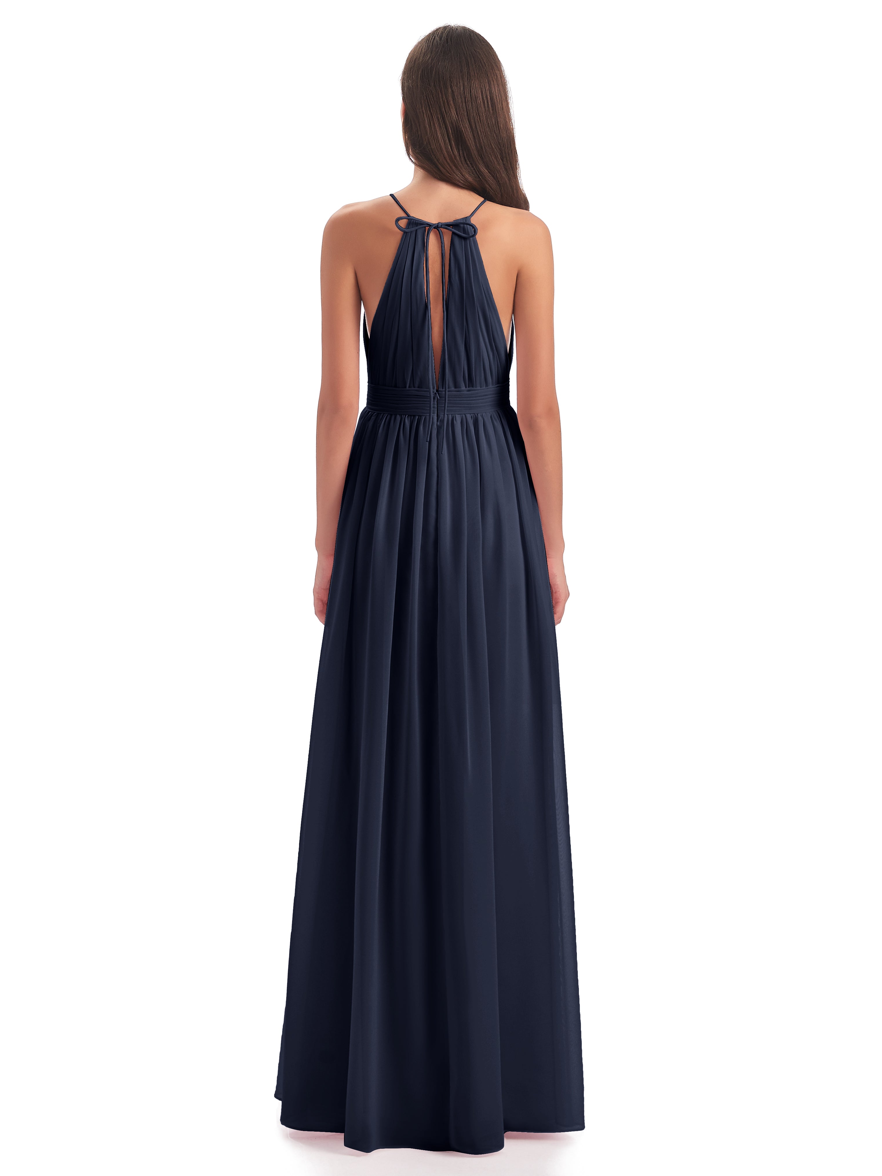 Demoiselle D Honneur Bleu Marine Fendue Devant Licou Mousseline Robes Demoiselle D'Honneur