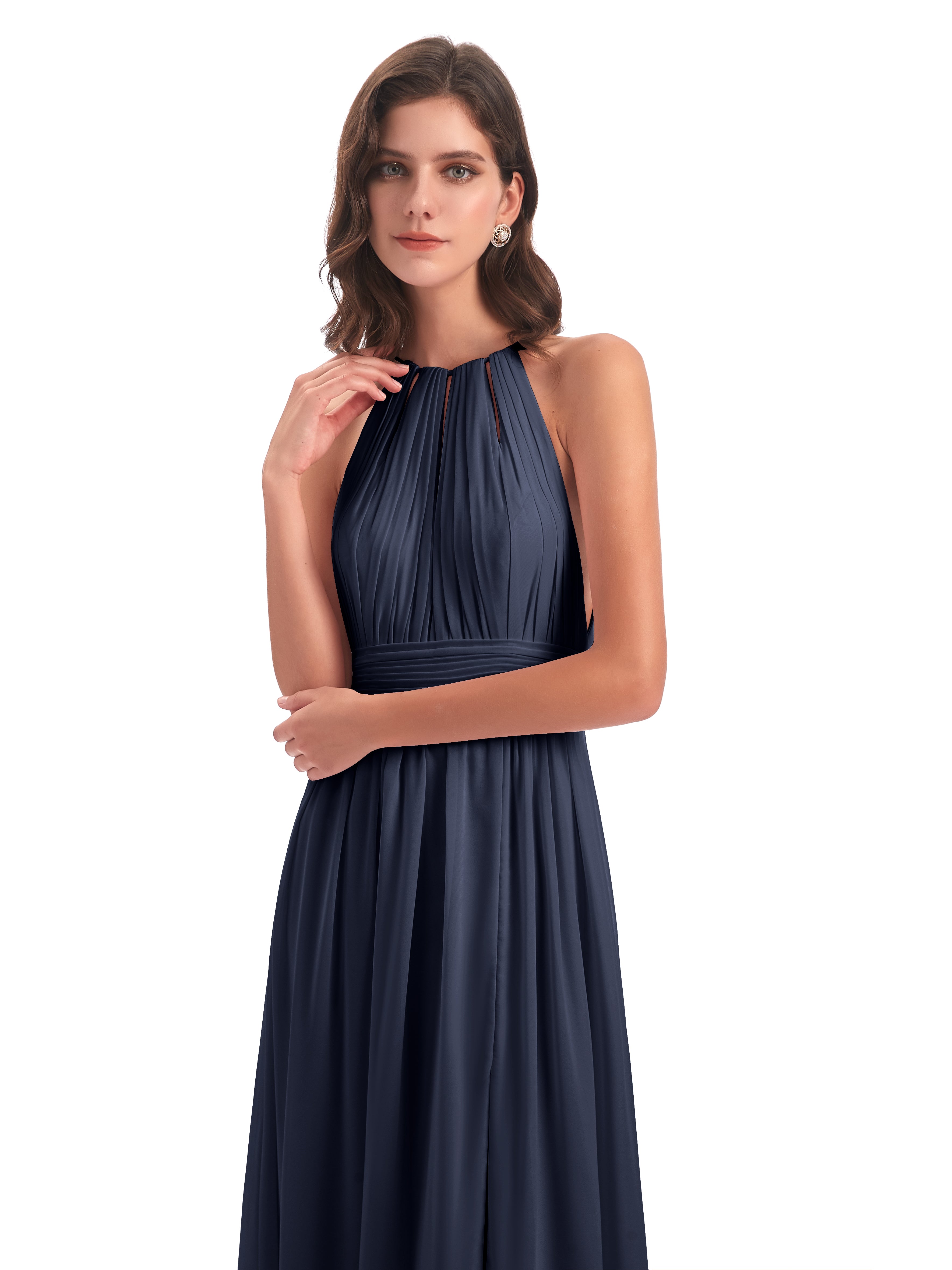 Demoiselle D Honneur Bleu Marine Fendue Devant Licou Mousseline Robes Demoiselle D'Honneur