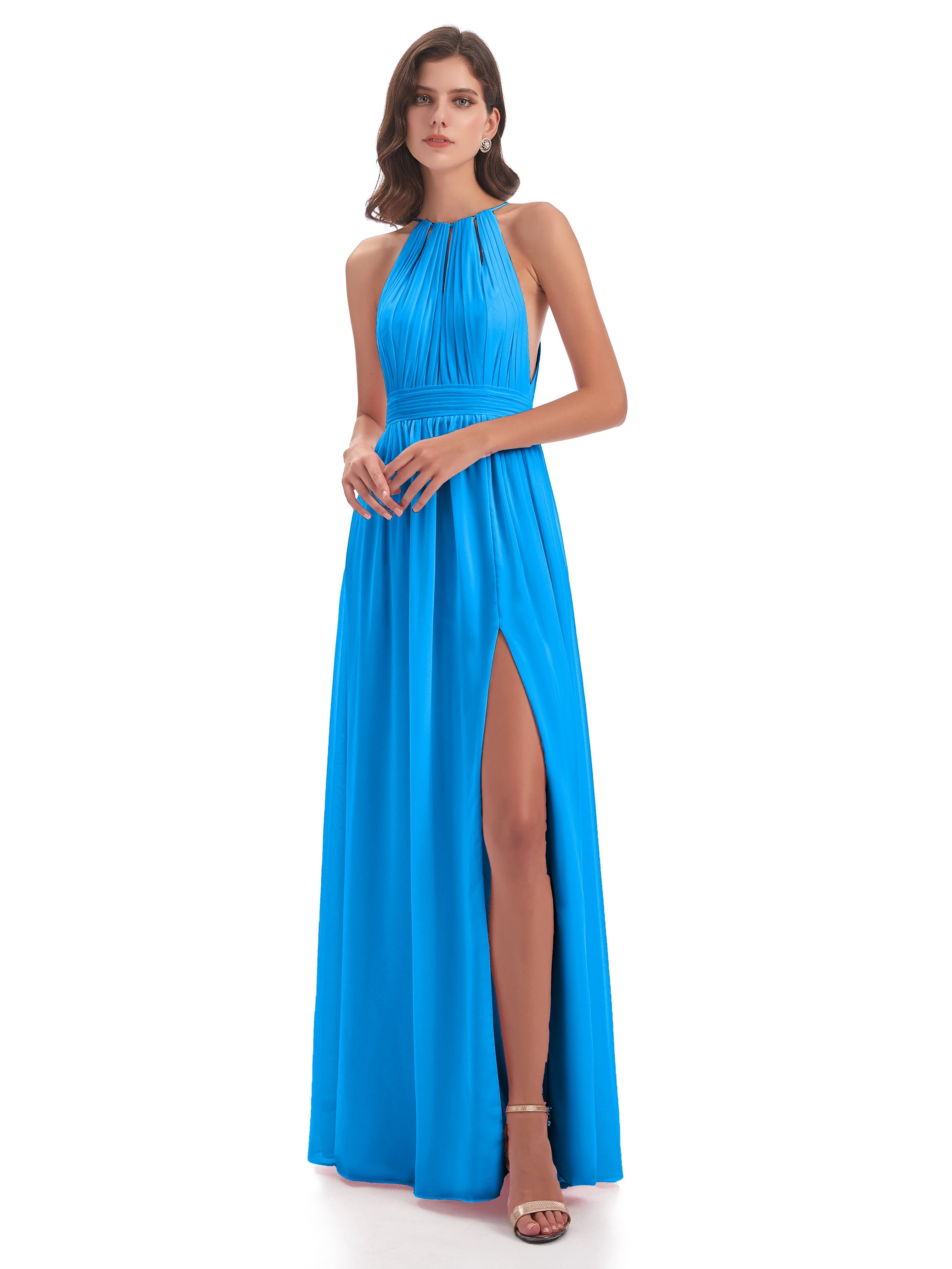Robes De Demoiselle D'Honneur Bleu Océan Fendue Devant Licou Mousseline Robes Demoiselle D'Honneur