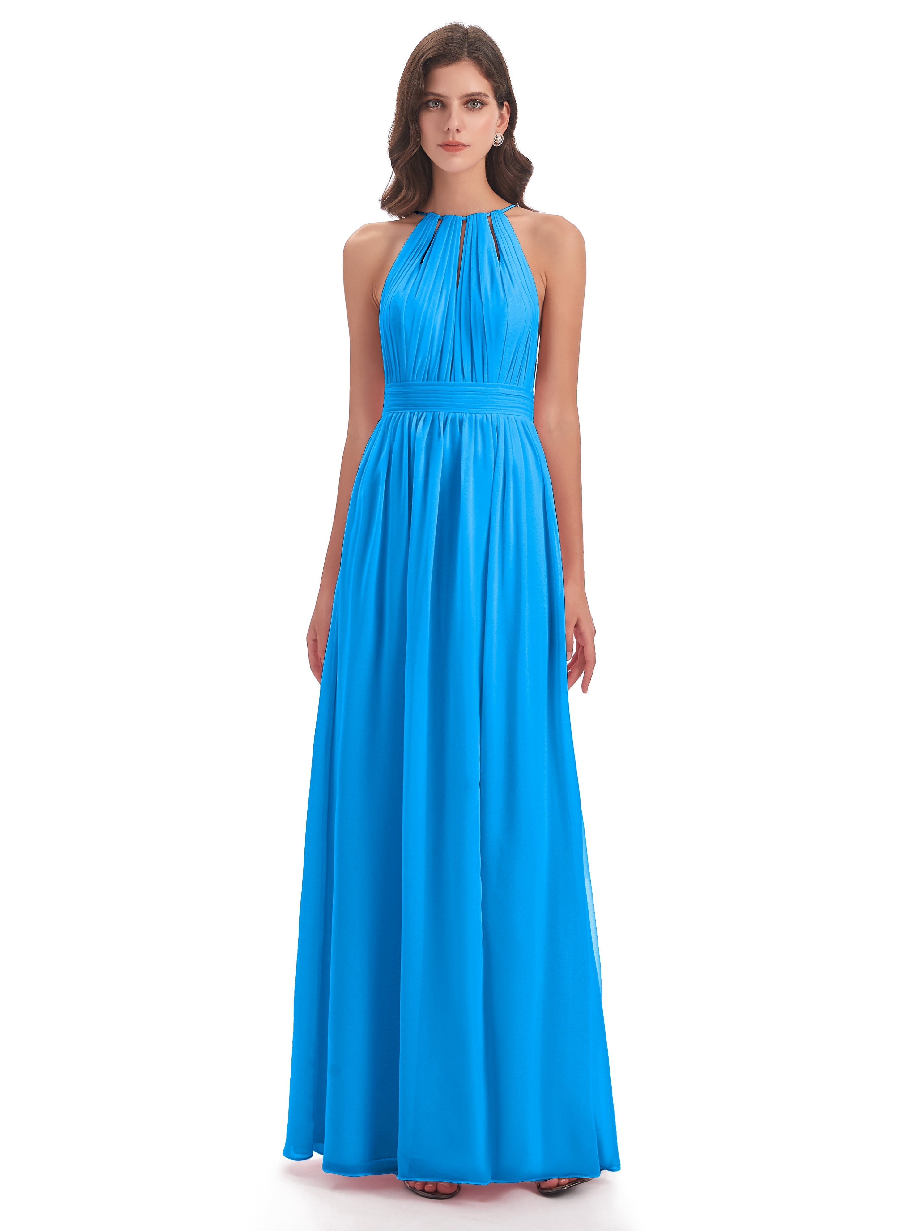 Robes De Demoiselle D'Honneur Bleu Océan Fendue Devant Licou Mousseline Robes Demoiselle D'Honneur