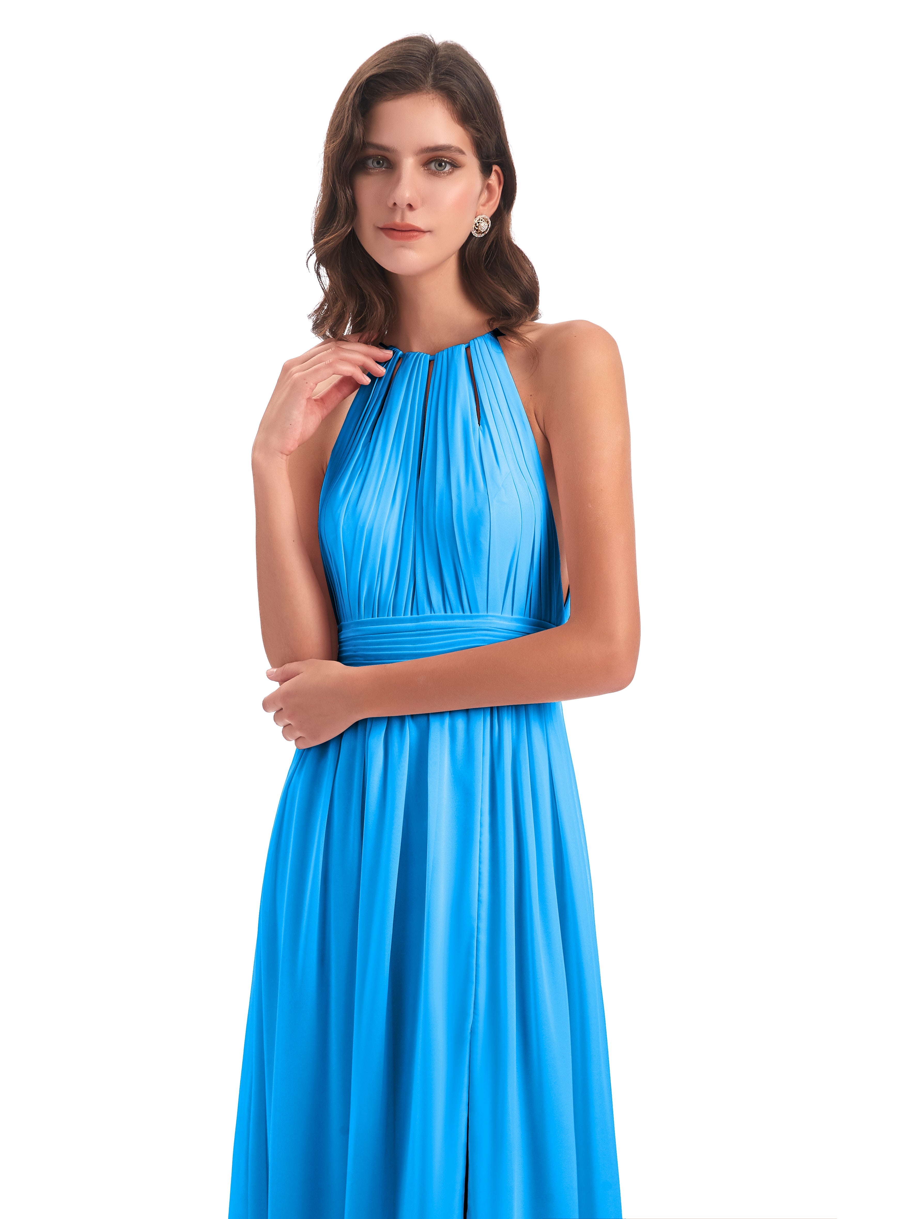 Robes De Demoiselle D'Honneur Bleu Océan Fendue Devant Licou Mousseline Robes Demoiselle D'Honneur