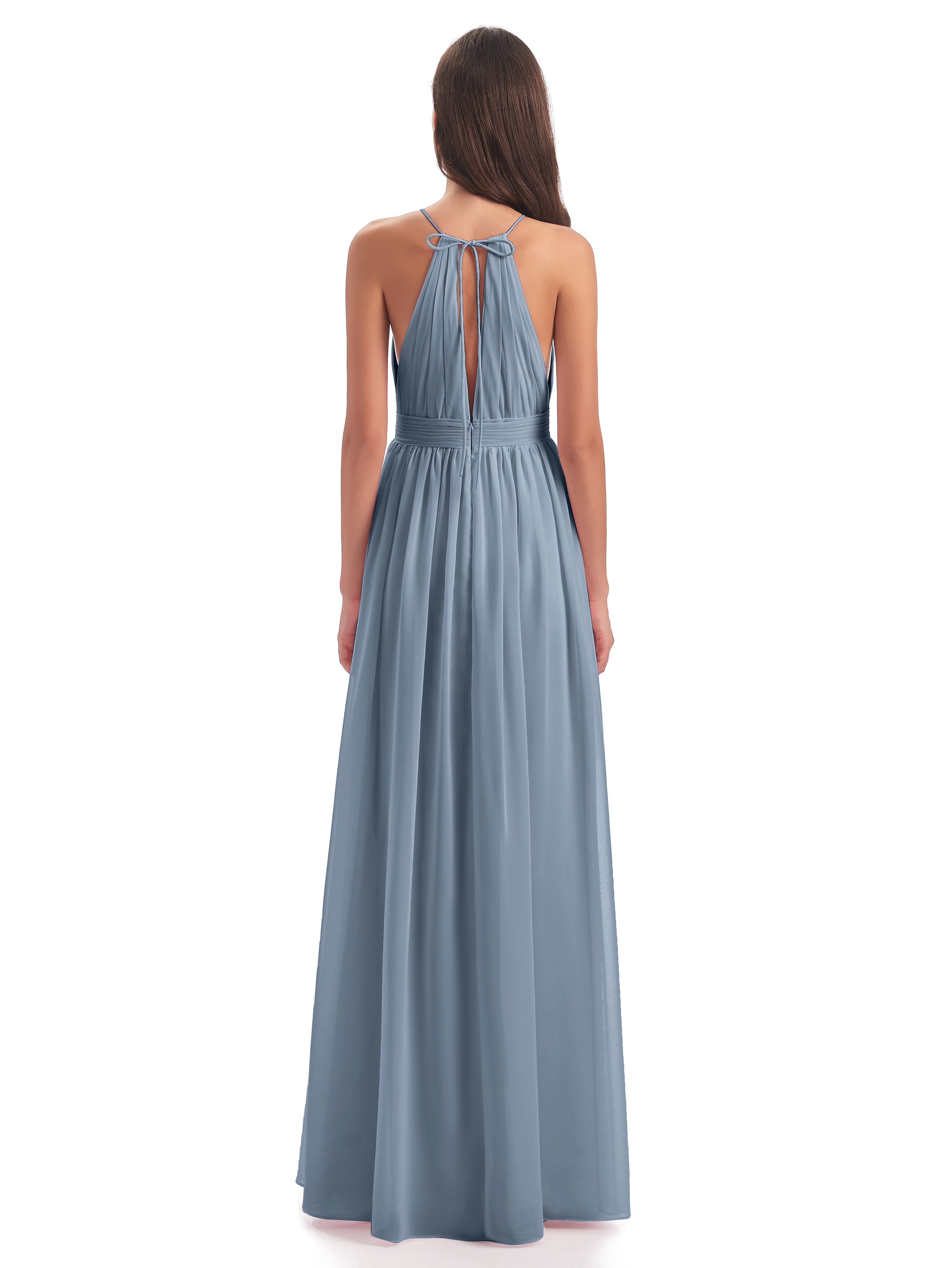 Robes De Demoiselle D'Honneur Bleu Poudre Fendue Devant Licou Mousseline Robes Demoiselle D'Honneur