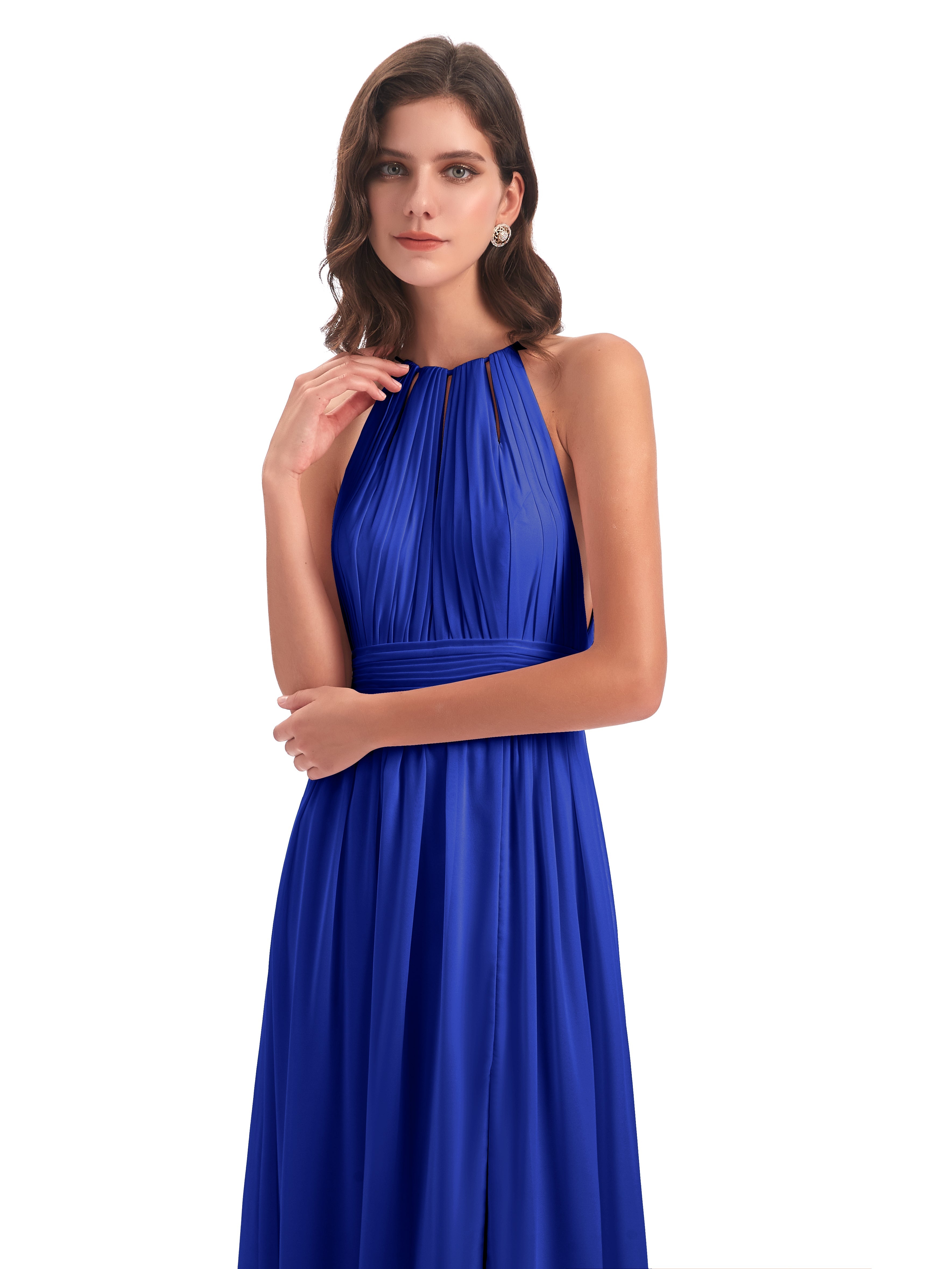 Demoiselle Dhonneur Robe Bleu Roi Fendue Devant Licou Mousseline Robes Demoiselle D'Honneur
