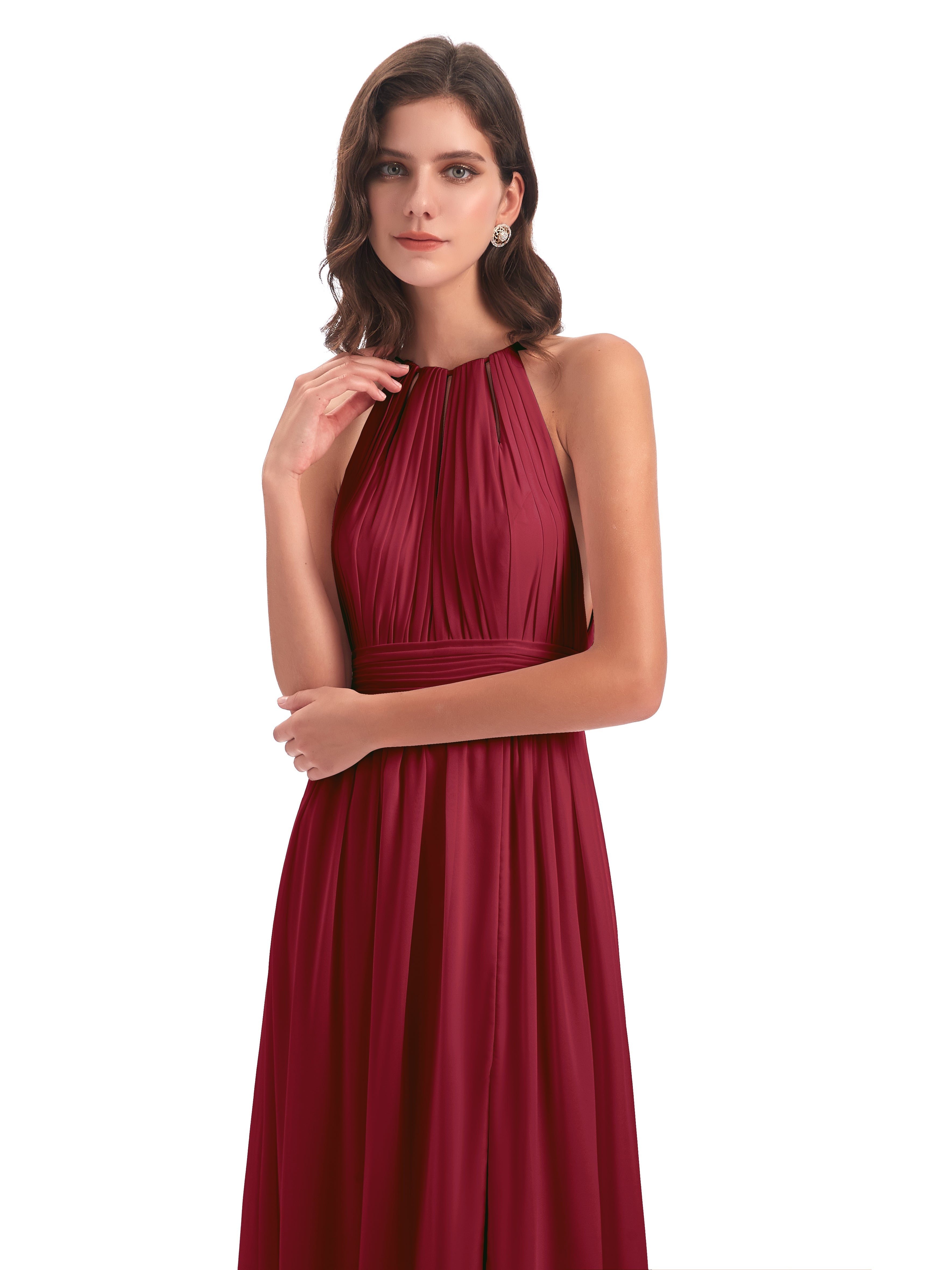 Long Robe Demoiselle D Honneur Bordeaux Fendue Devant Licou Mousseline Robes Demoiselle D'Honneur