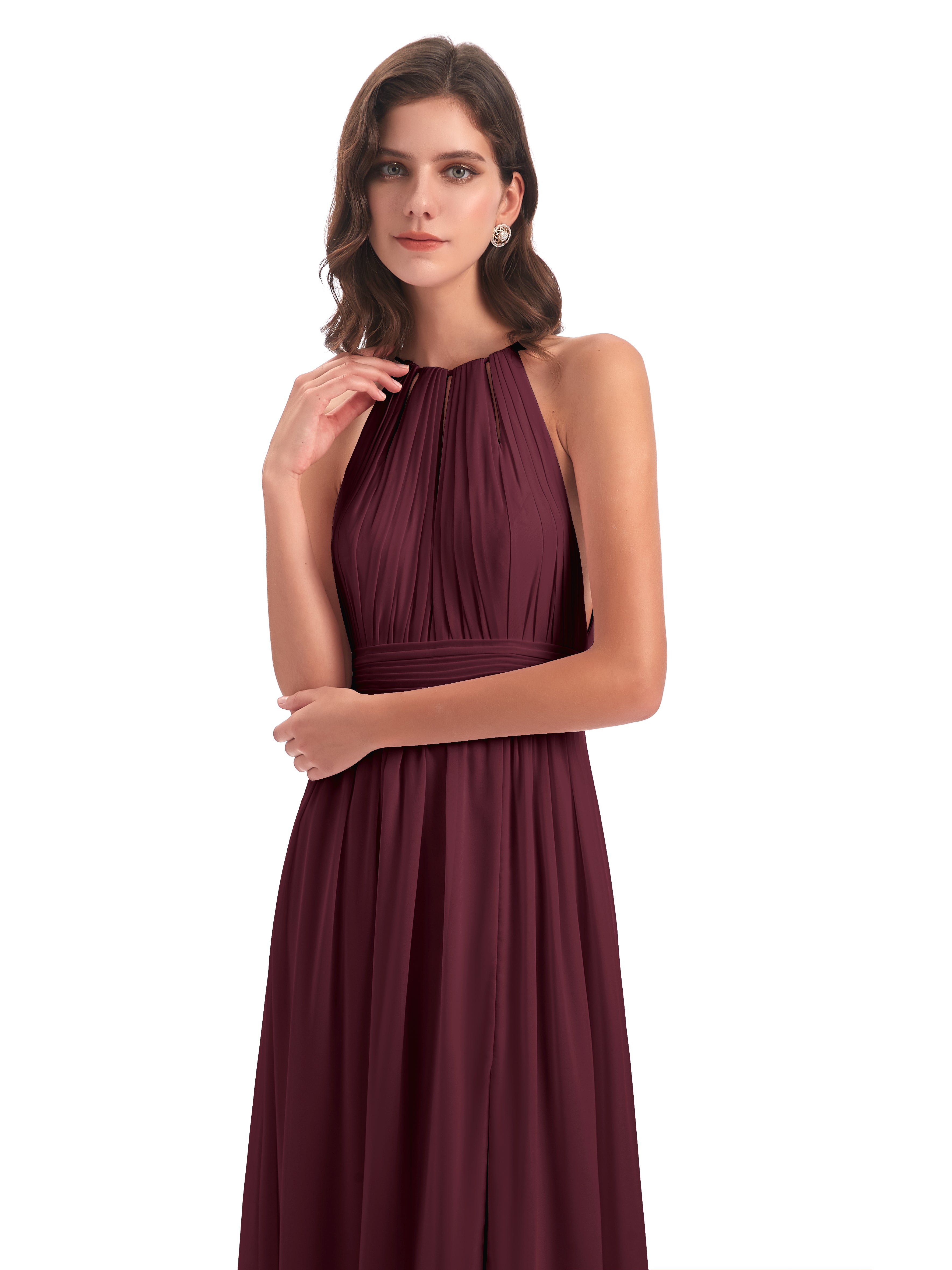Robes De Demoiselle D'Honneur Cabernet Fendue Devant Licou Mousseline Robes Demoiselle D'Honneur