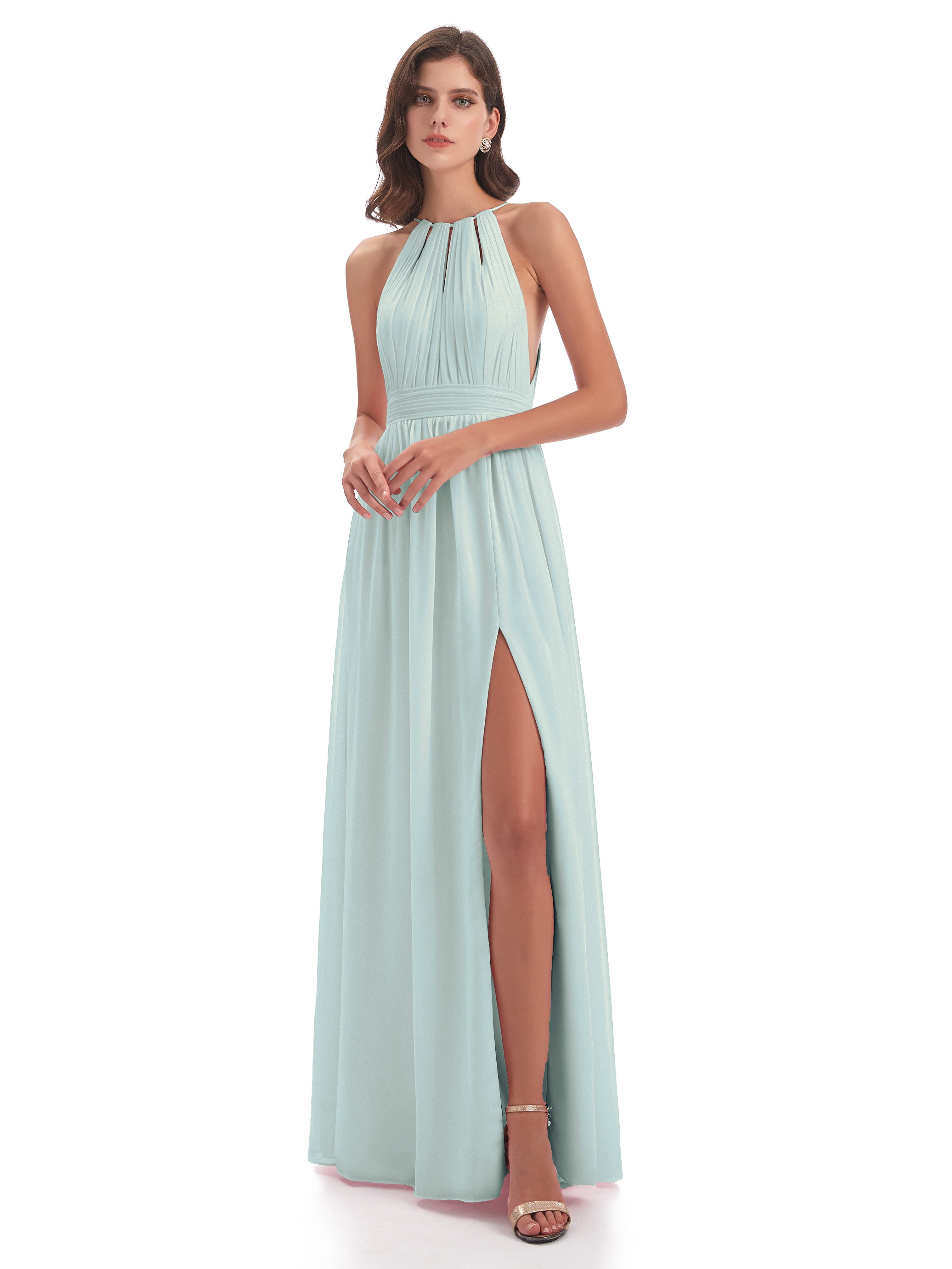 Robe Demoiselle D Honneur Vert Celadon Fendue Devant Licou Mousseline Robes Demoiselle D'Honneur