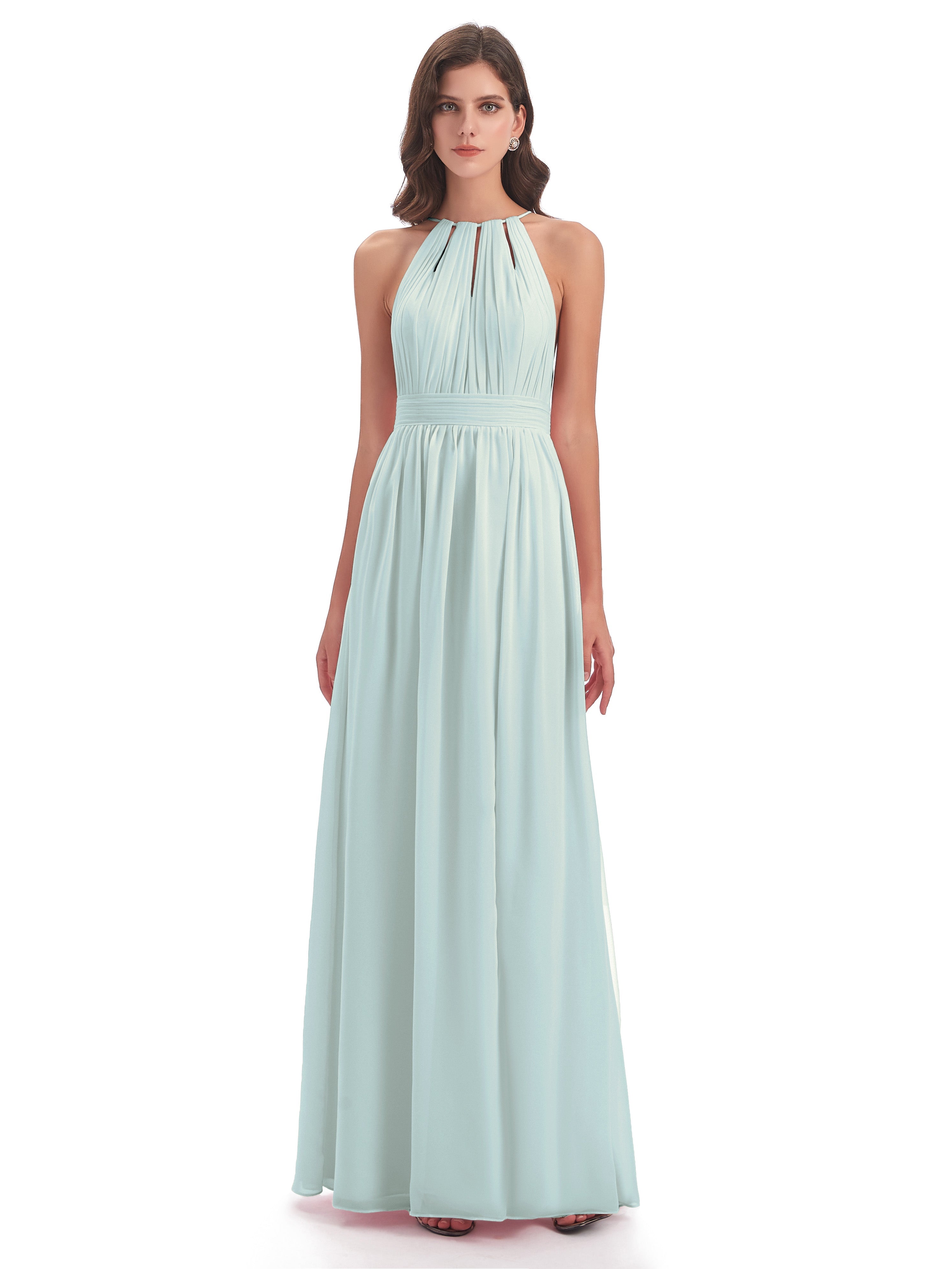 Robe Demoiselle D Honneur Vert Celadon Fendue Devant Licou Mousseline Robes Demoiselle D'Honneur