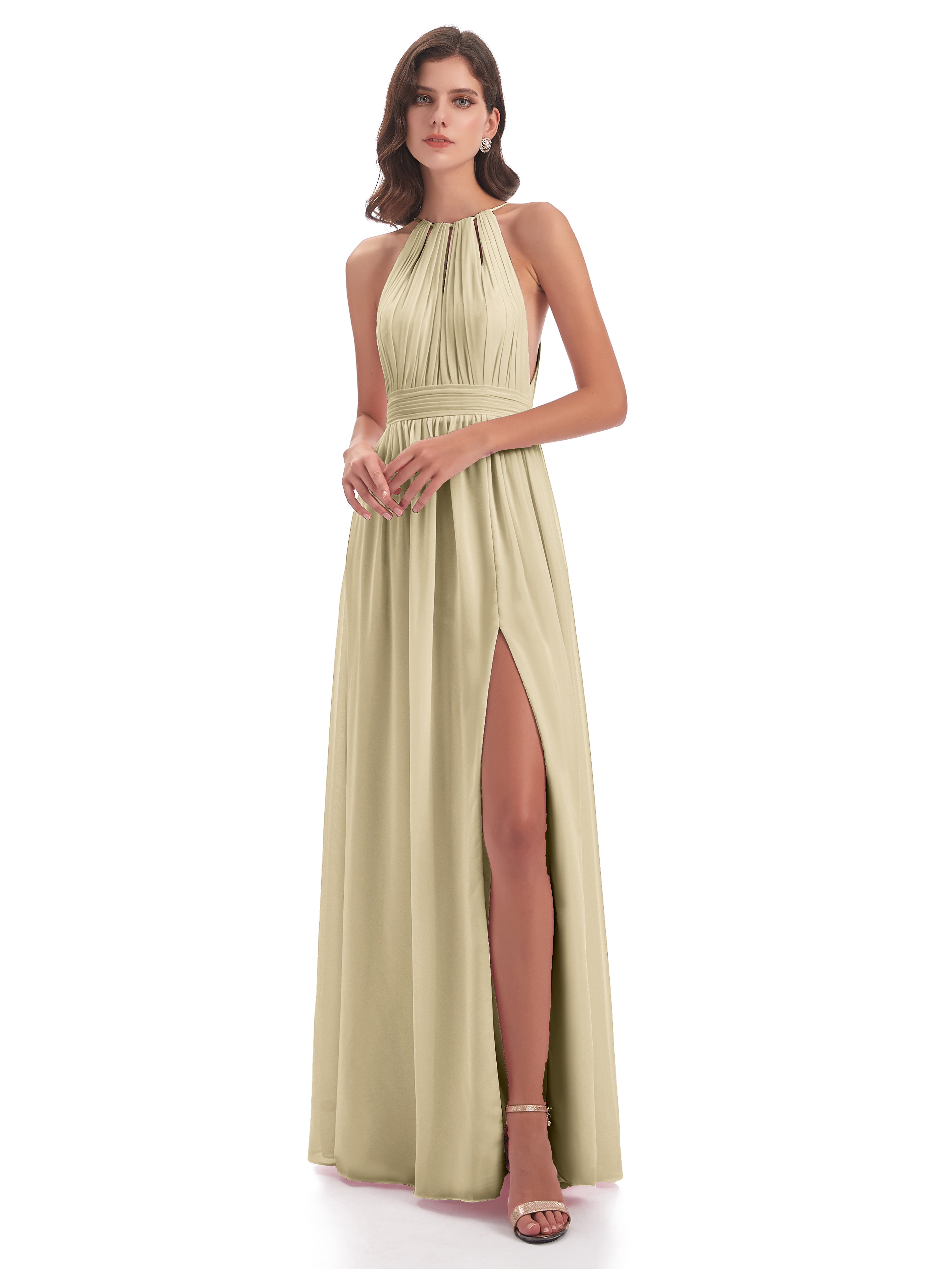 Robe Demoiselle D Honneur Couleur Champagne Fendue Devant Licou Mousseline Robes Demoiselle D'Honneur