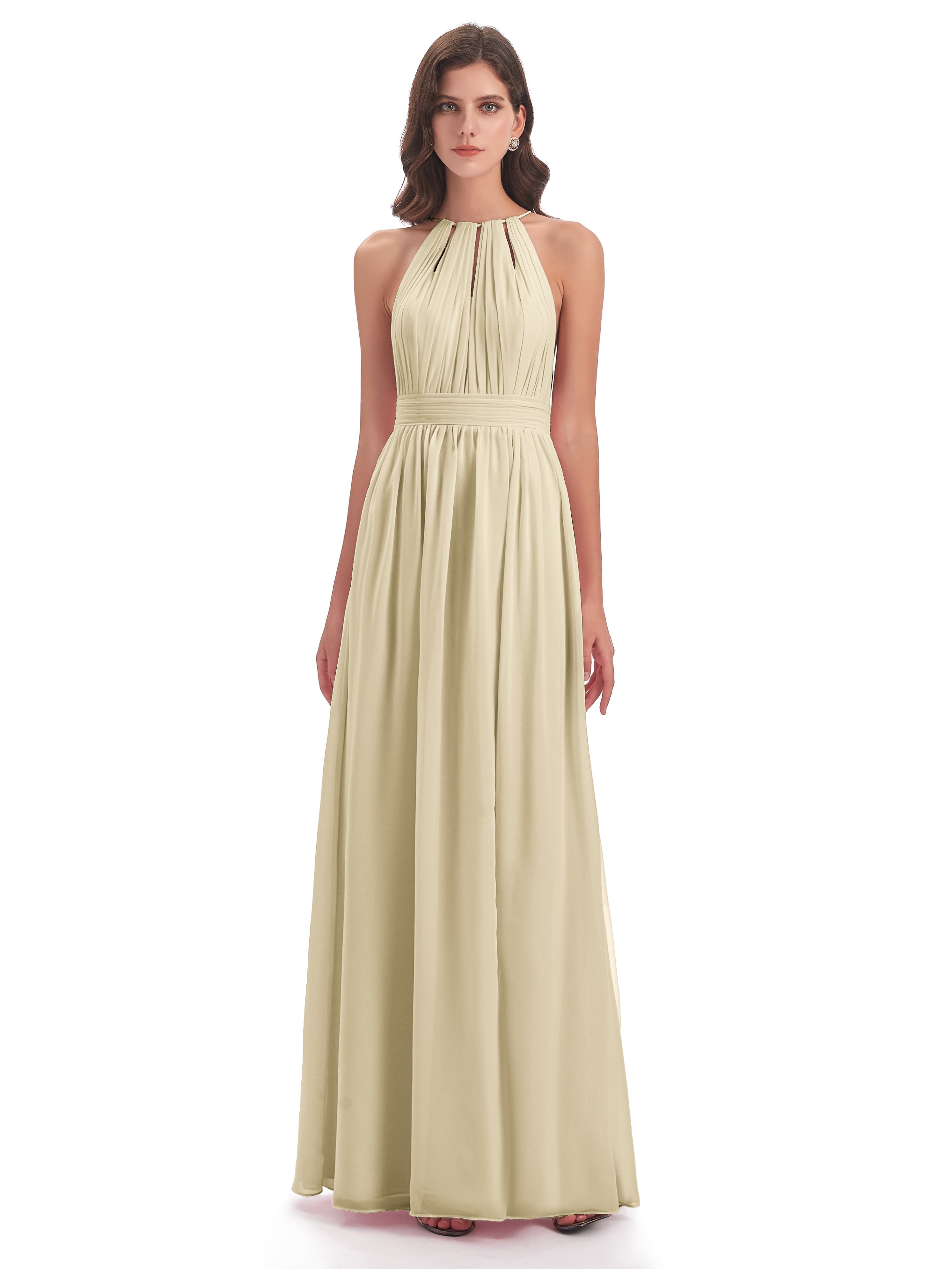 Robe Demoiselle D Honneur Couleur Champagne Fendue Devant Licou Mousseline Robes Demoiselle D'Honneur