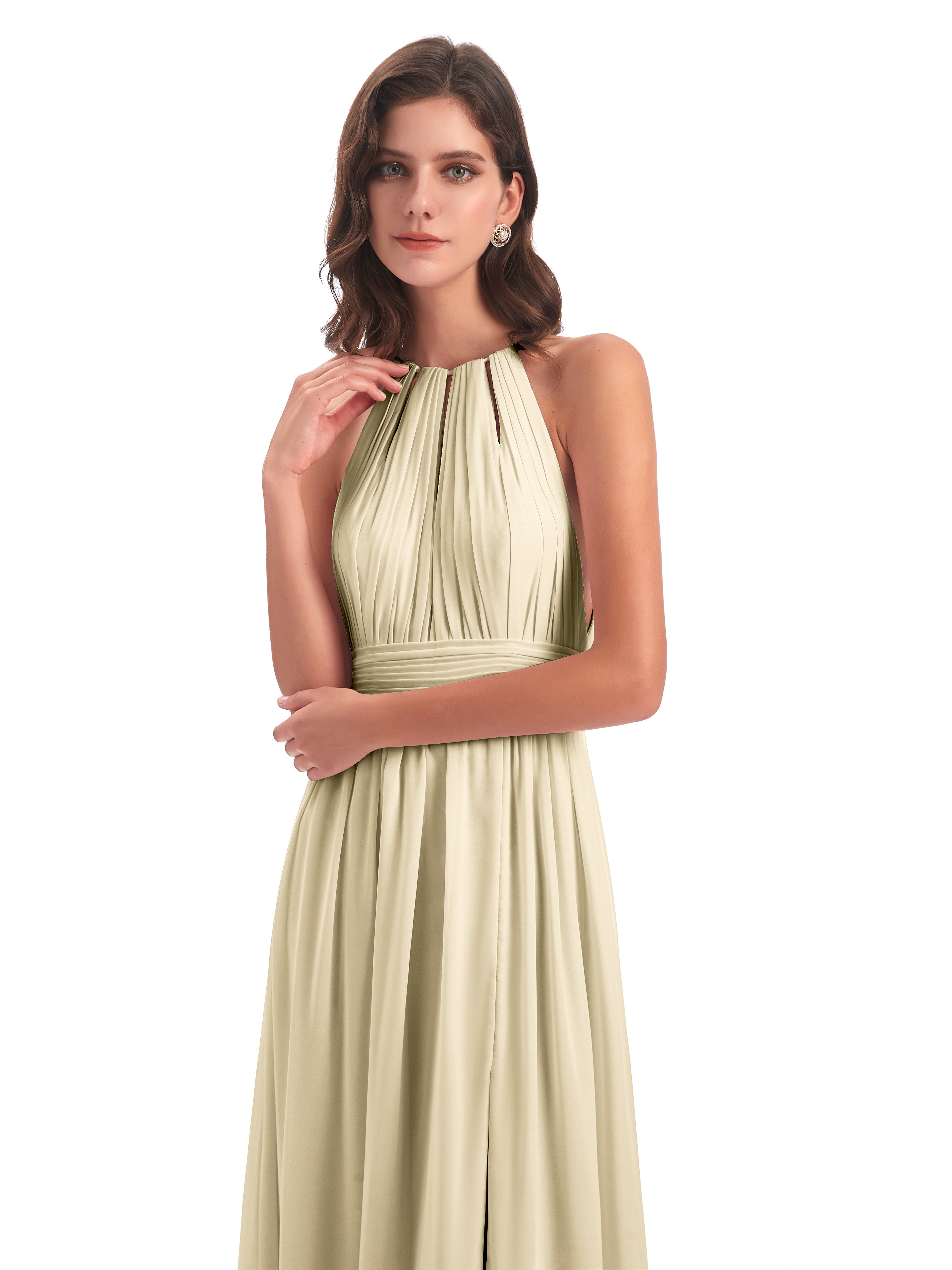 Robe Demoiselle D Honneur Couleur Champagne Fendue Devant Licou Mousseline Robes Demoiselle D'Honneur
