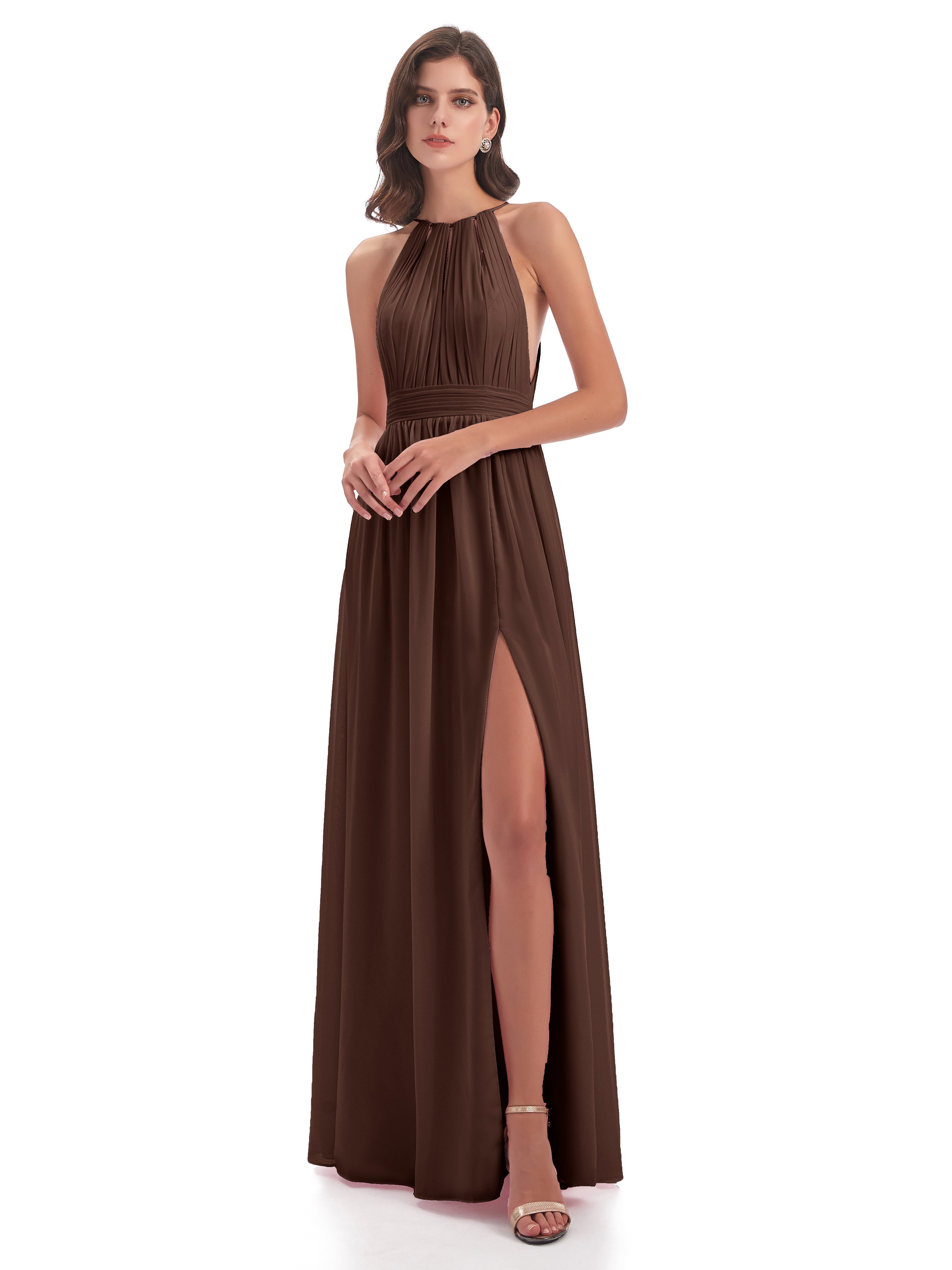 Robe Demoiselle D Honneur Marron Chocolat Fendue Devant Licou Mousseline Robes Demoiselle D'Honneur