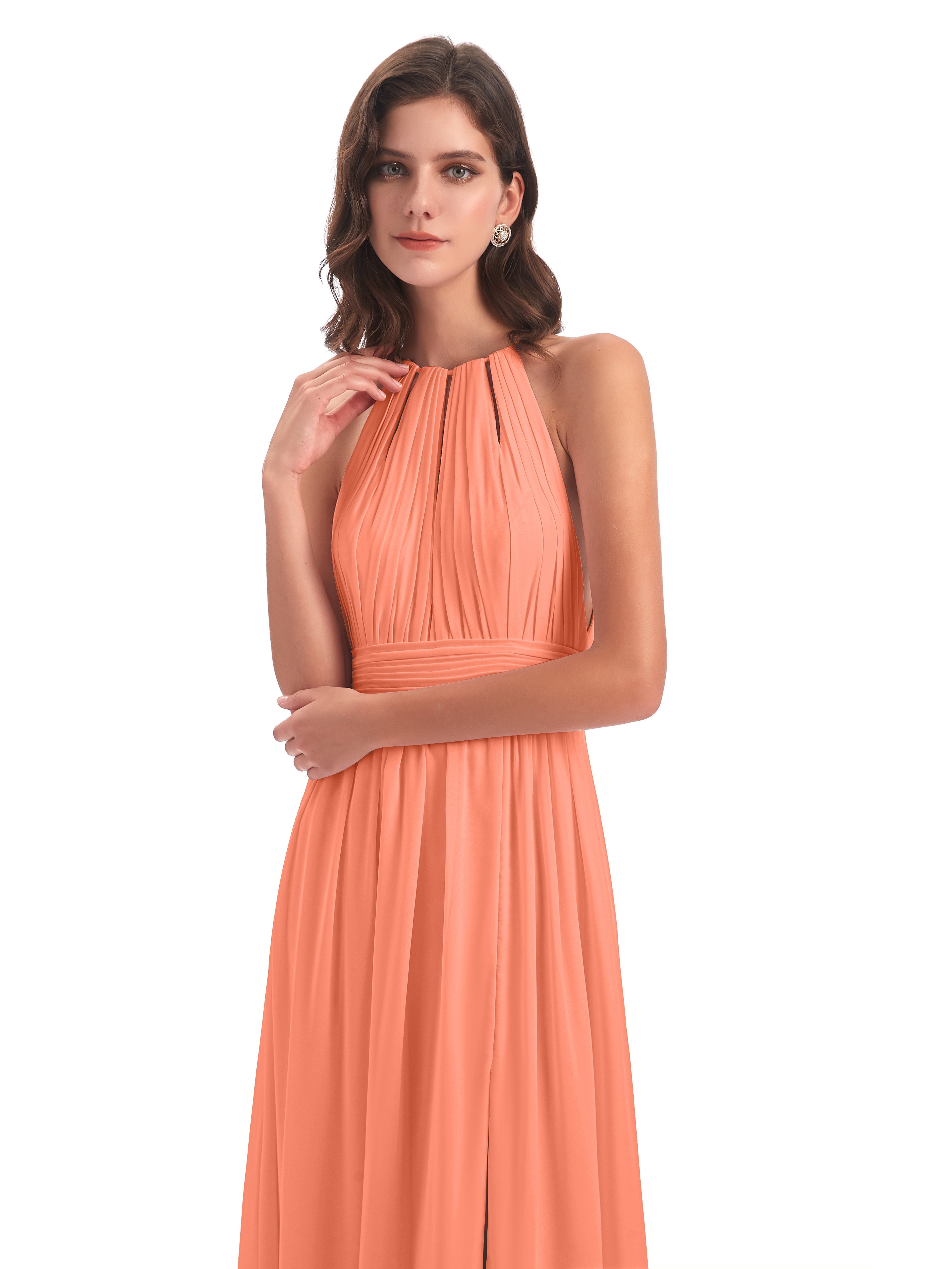 Robes De Demoiselle D'Honneur Coucher De Soleil Fendue Devant Licou Mousseline Robes Demoiselle D'Honneur