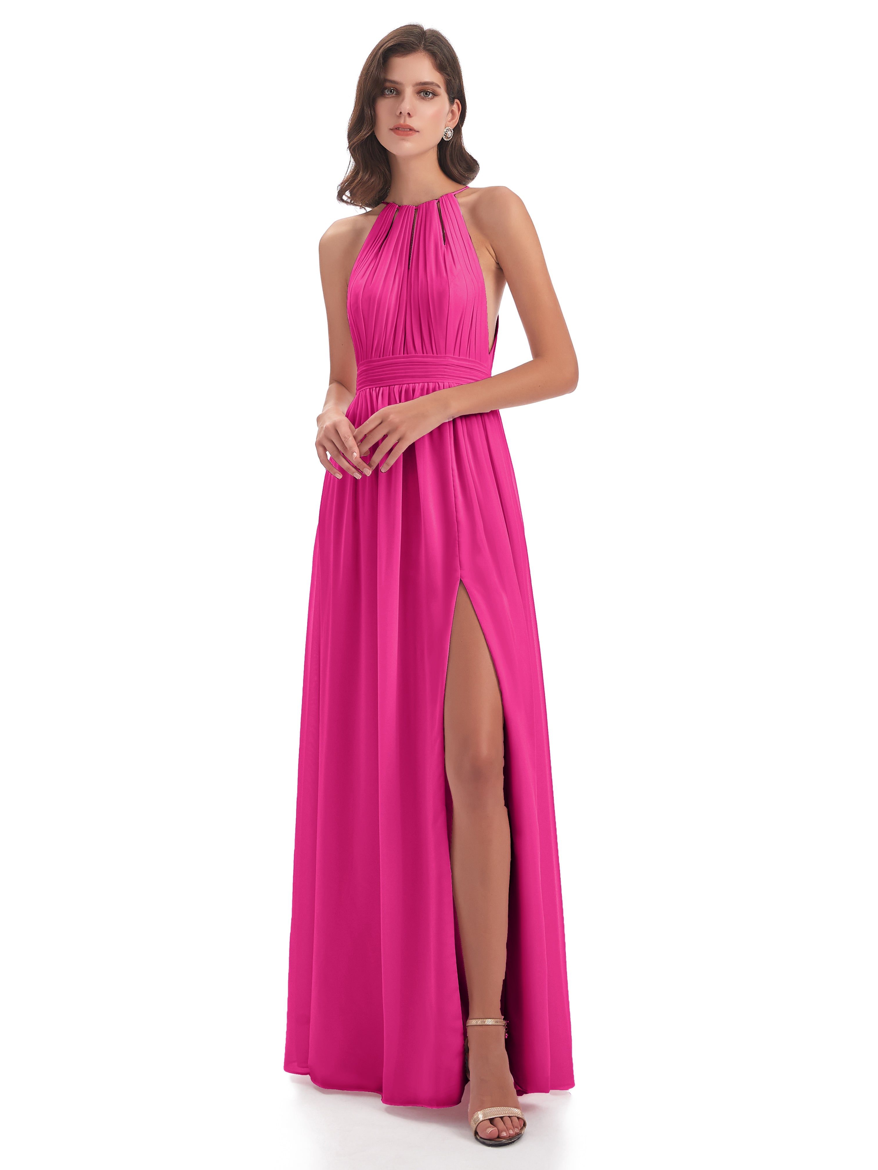 Robe Fuchsia Demoiselle D Honneur Fendue Devant Licou Mousseline Robes Demoiselle D'Honneur