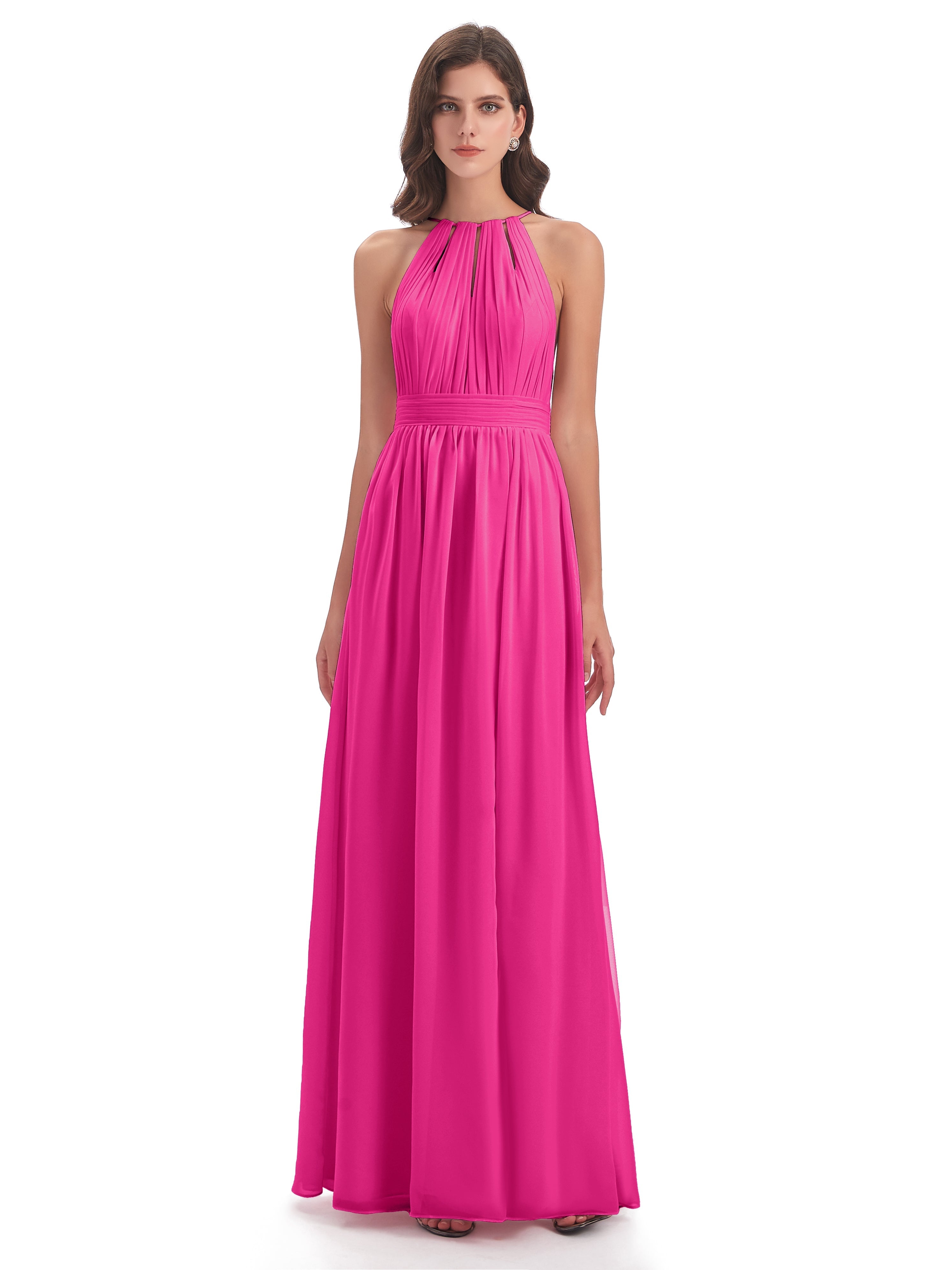 Robe Fuchsia Demoiselle D Honneur Fendue Devant Licou Mousseline Robes Demoiselle D'Honneur