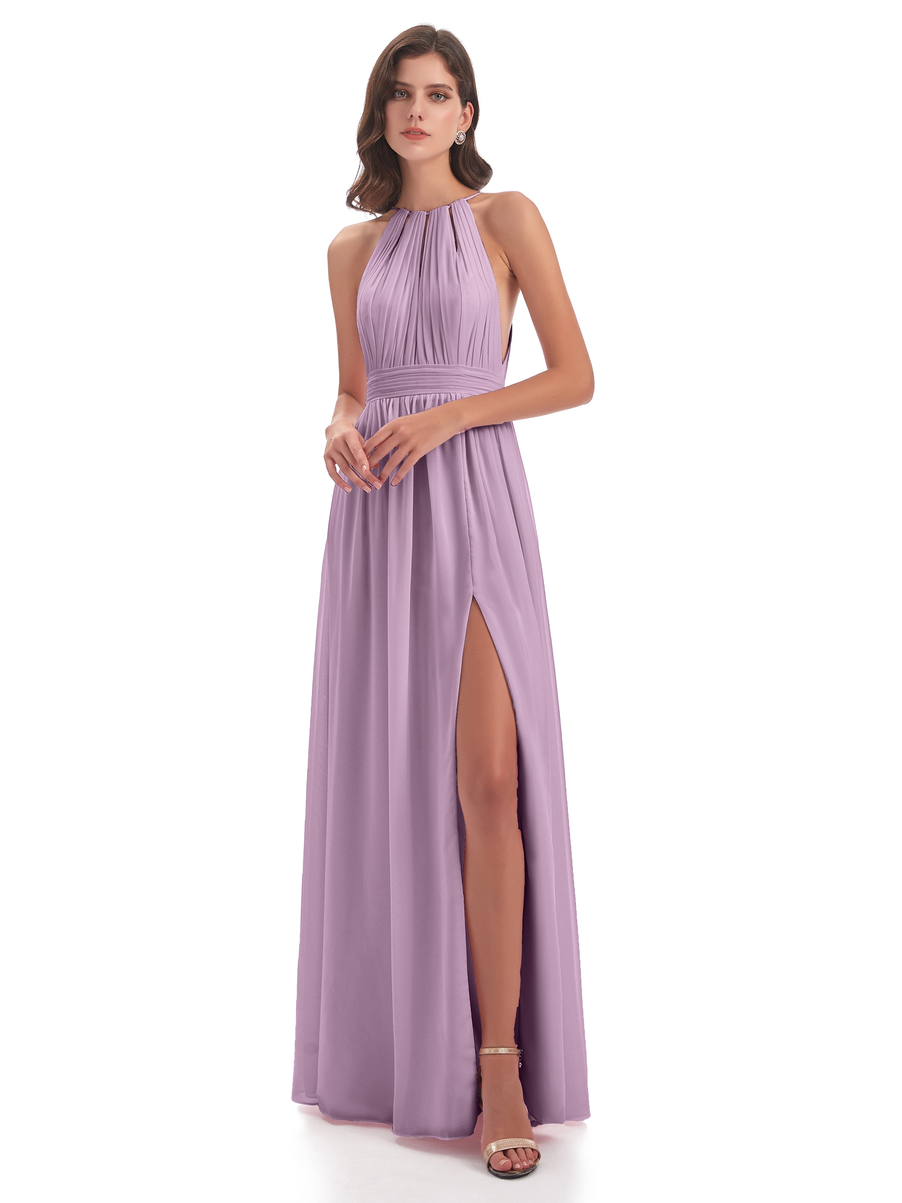 Robes De Demoiselle D'Honneur Glycine Fendue Devant Licou Mousseline Robes Demoiselle D'Honneur
