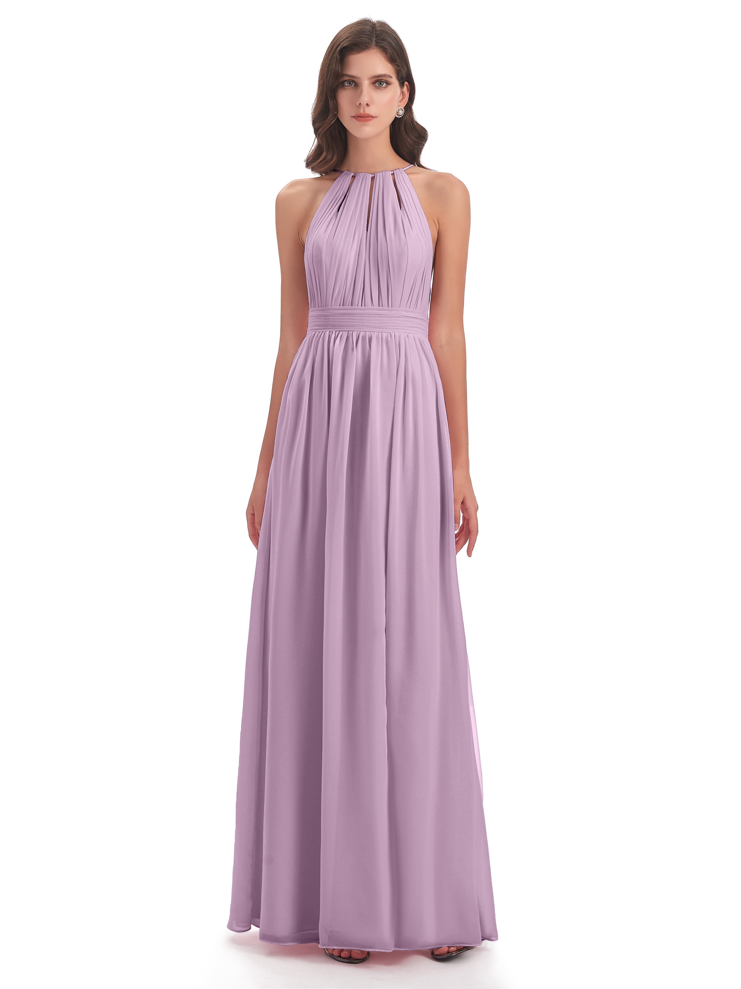 Robes De Demoiselle D'Honneur Glycine Fendue Devant Licou Mousseline Robes Demoiselle D'Honneur