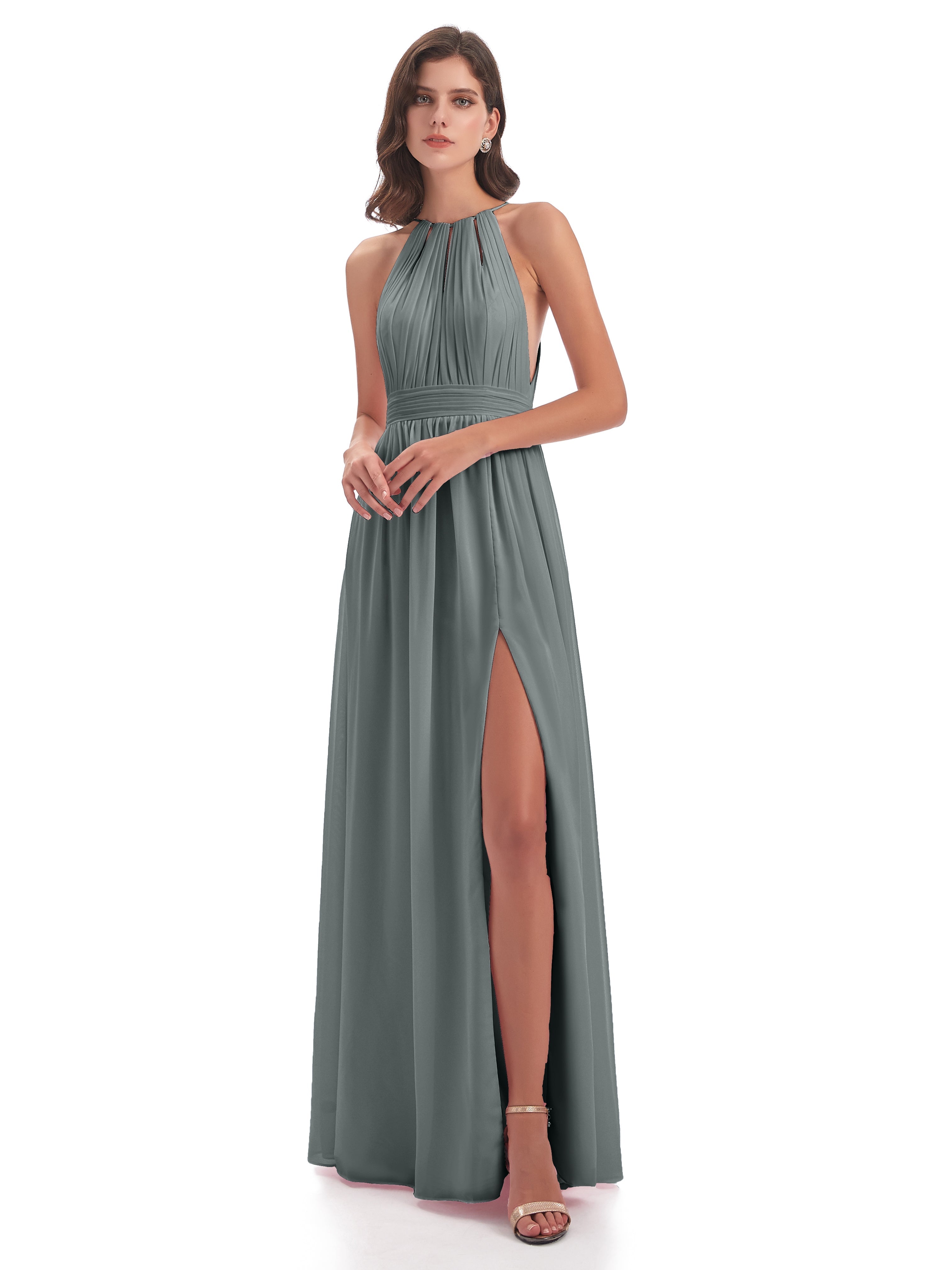 Robe Demoiselle D Honneur Gris Fendue Devant Licou Mousseline Robes Demoiselle D'Honneur