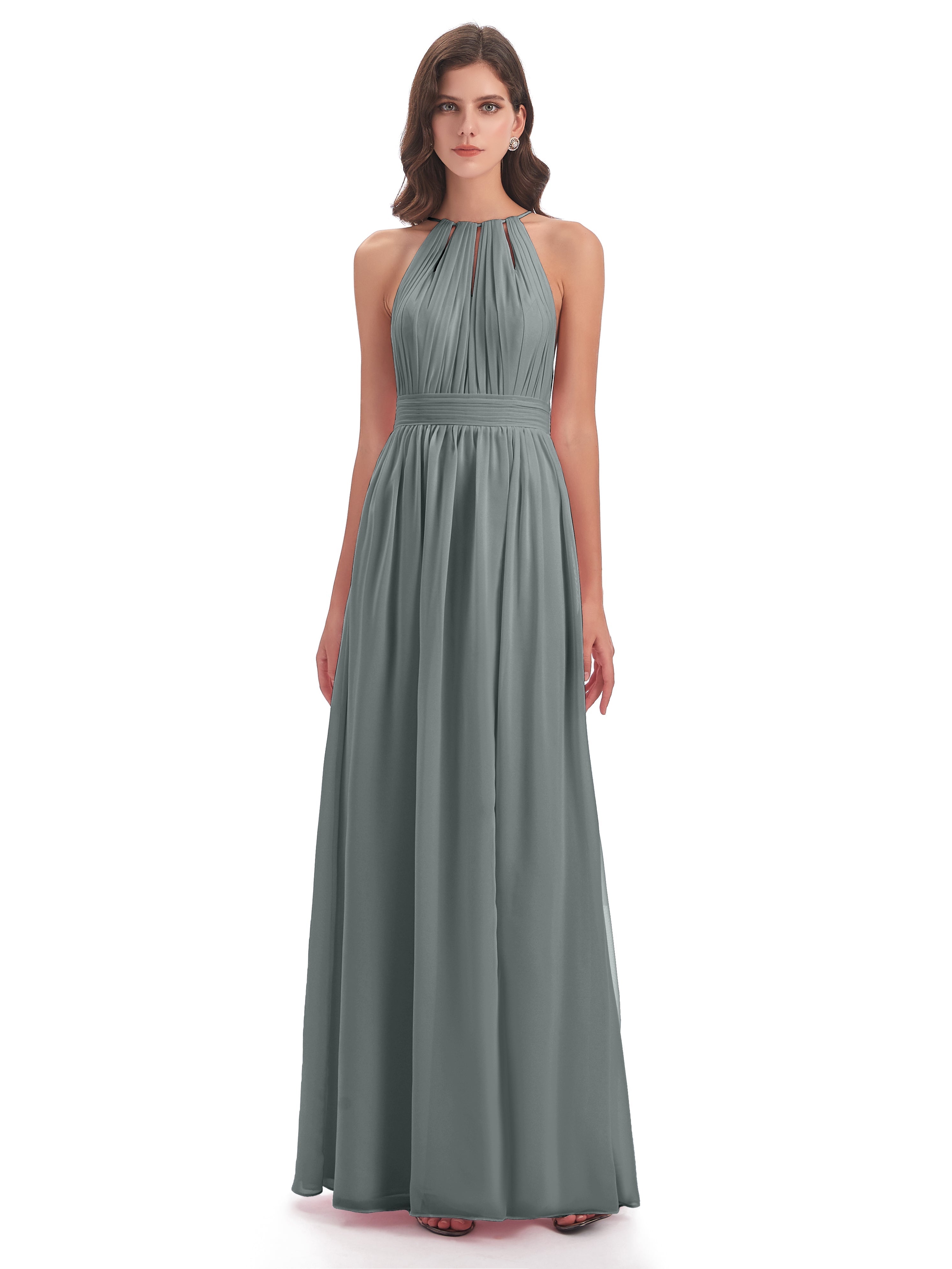 Robe Demoiselle D Honneur Gris Fendue Devant Licou Mousseline Robes Demoiselle D'Honneur