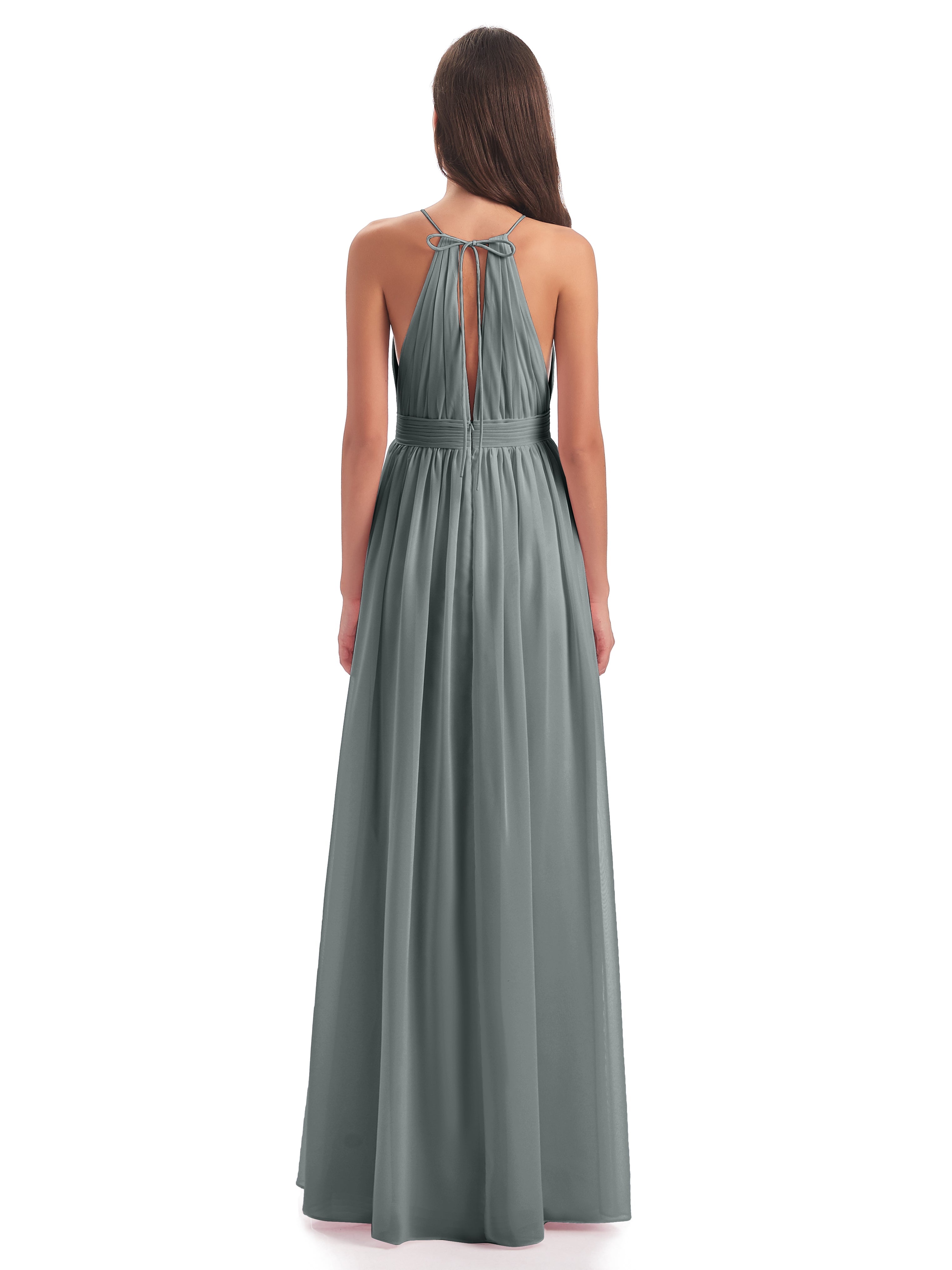 Robe Demoiselle D Honneur Gris Fendue Devant Licou Mousseline Robes Demoiselle D'Honneur