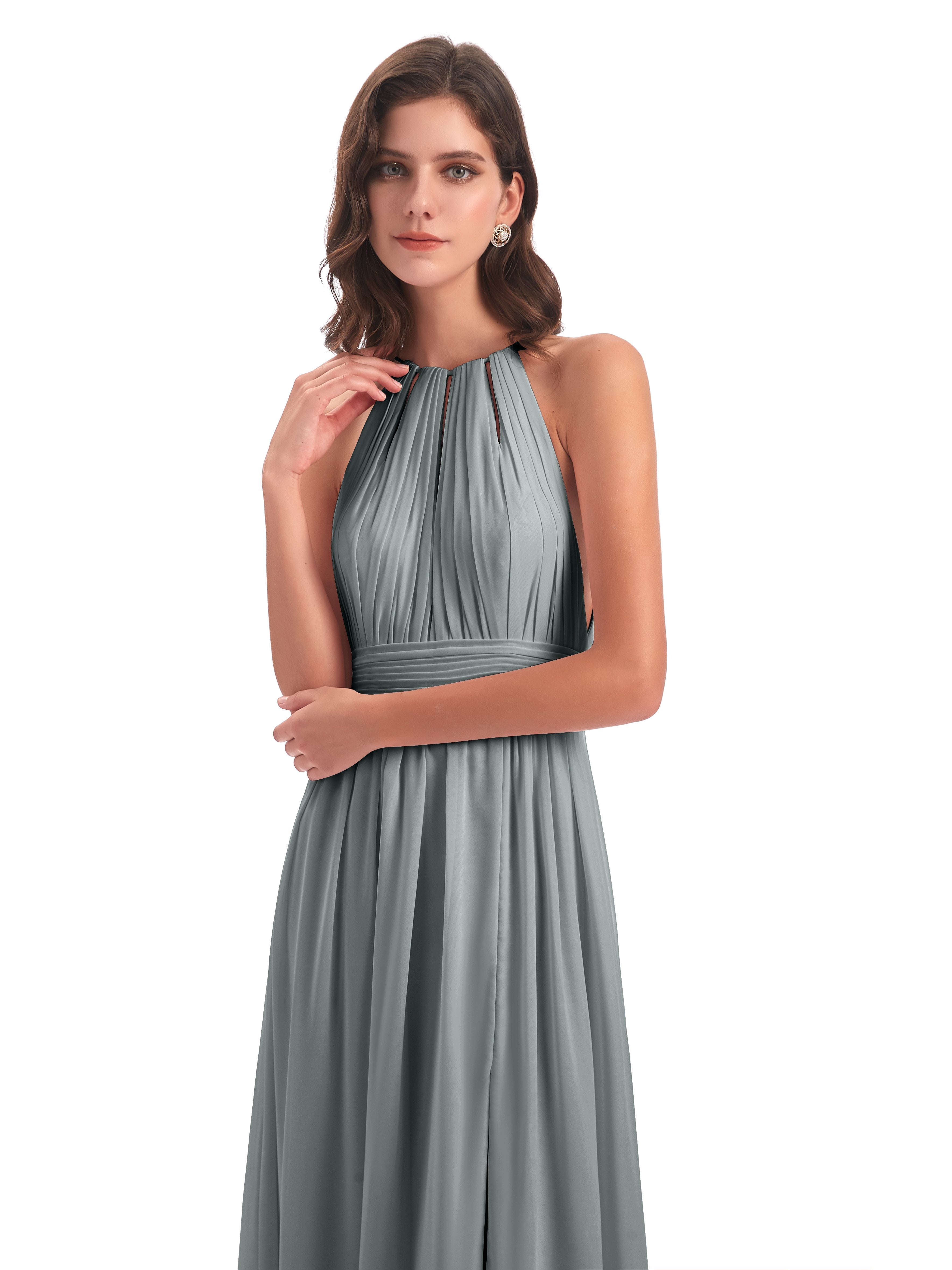 Robe Demoiselle D Honneur Gris Fendue Devant Licou Mousseline Robes Demoiselle D'Honneur