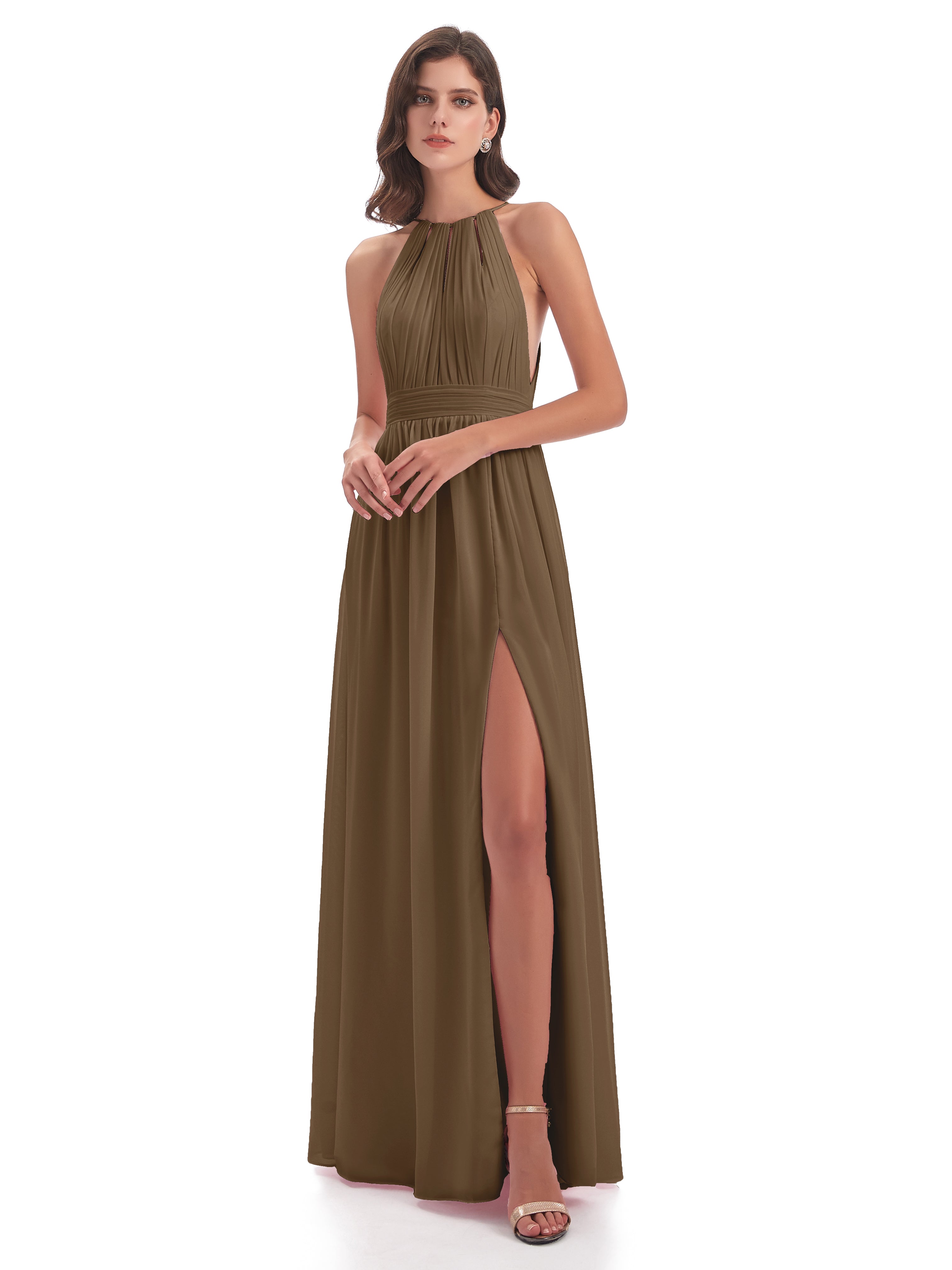 Robe Demoiselle D Honneur Moka Fendue Devant Licou Mousseline Robes Demoiselle D'Honneur