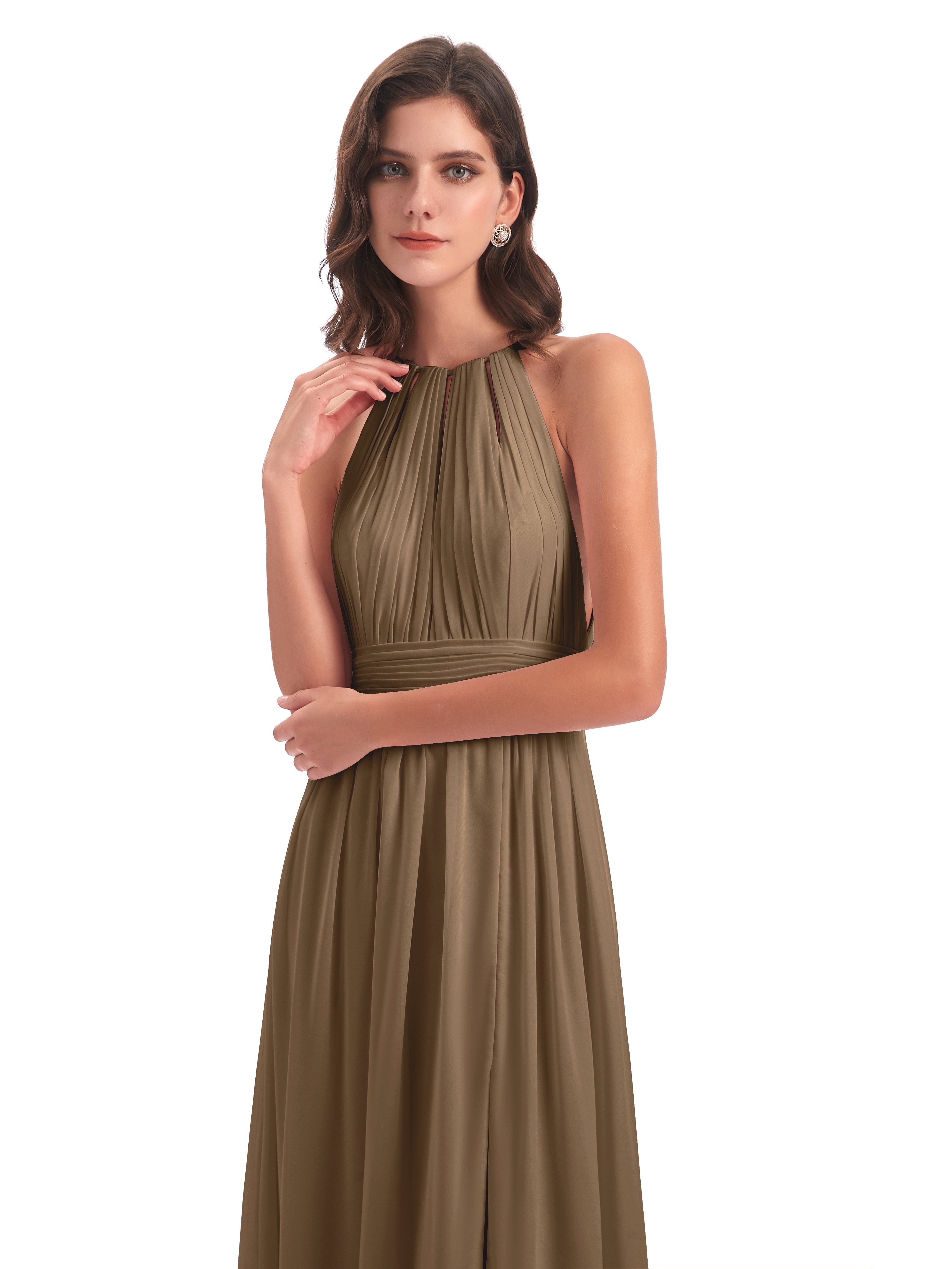 Robe Demoiselle D Honneur Moka Fendue Devant Licou Mousseline Robes Demoiselle D'Honneur